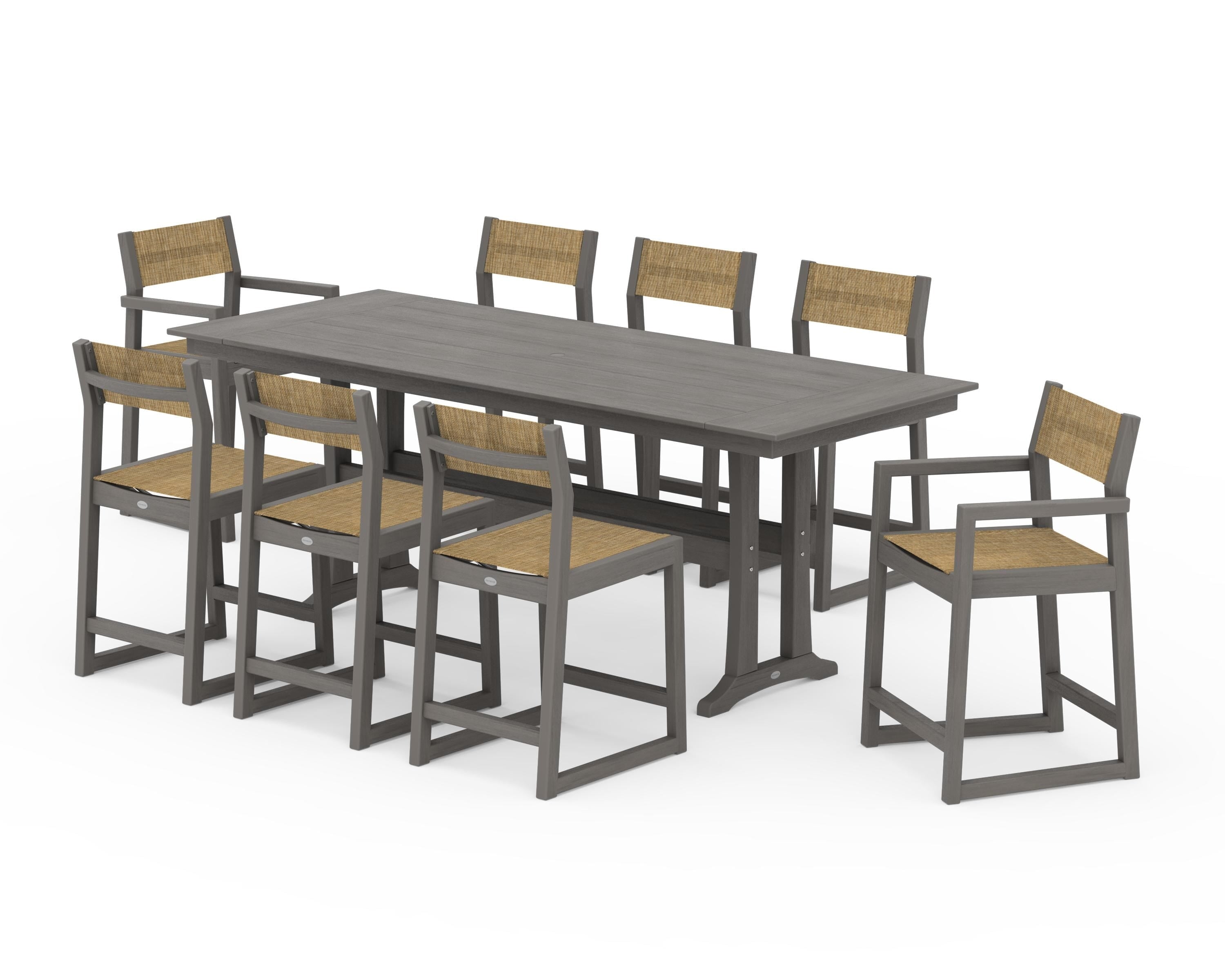 POLYWOOD EDGE Sling 9-Piece Farmhouse Counter Set with Trestle Legs in Driftwood / Burlap Sling