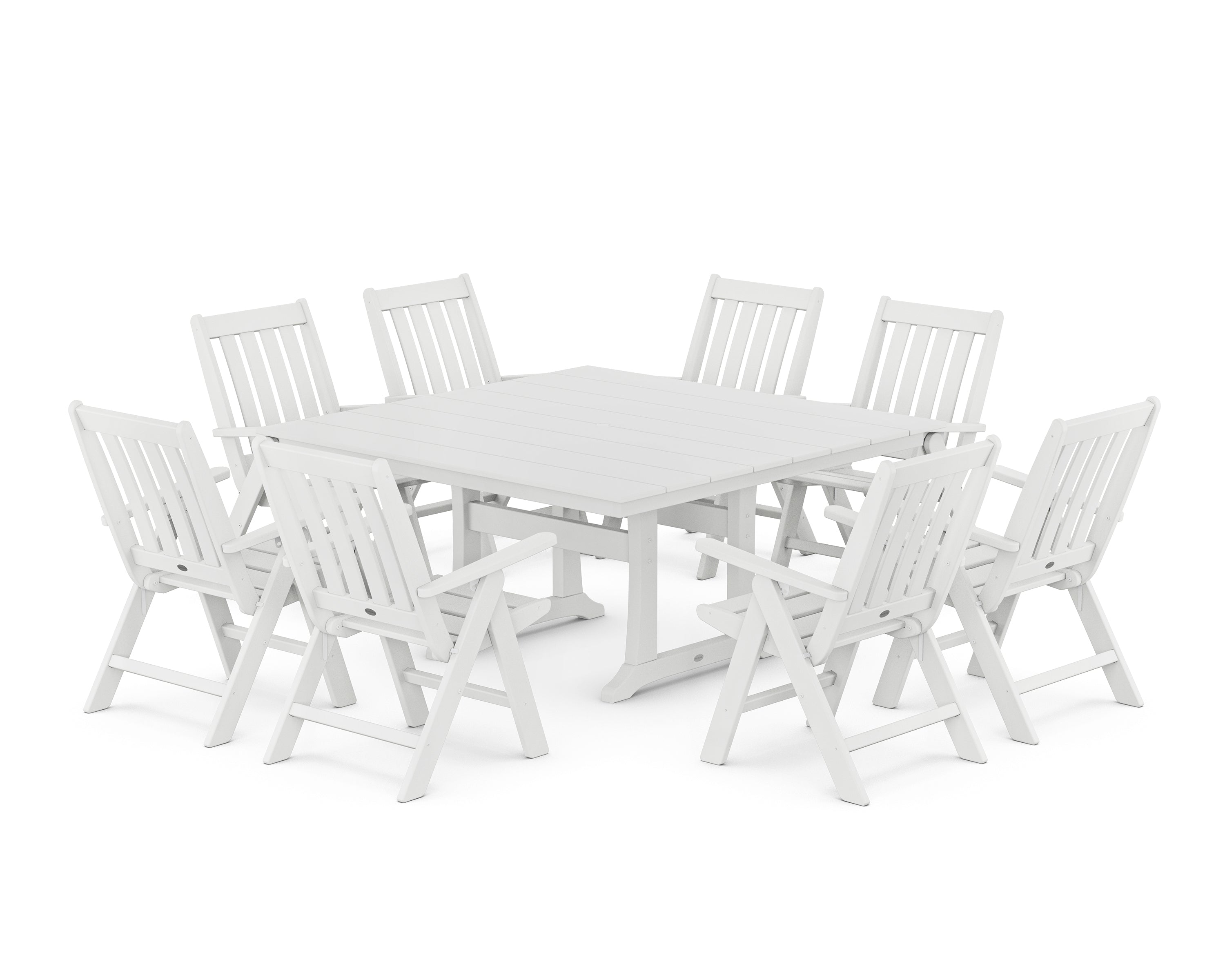 POLYWOOD Vineyard Folding Chair 9-Piece Square Farmhouse Dining Set with Trestle Legs in White