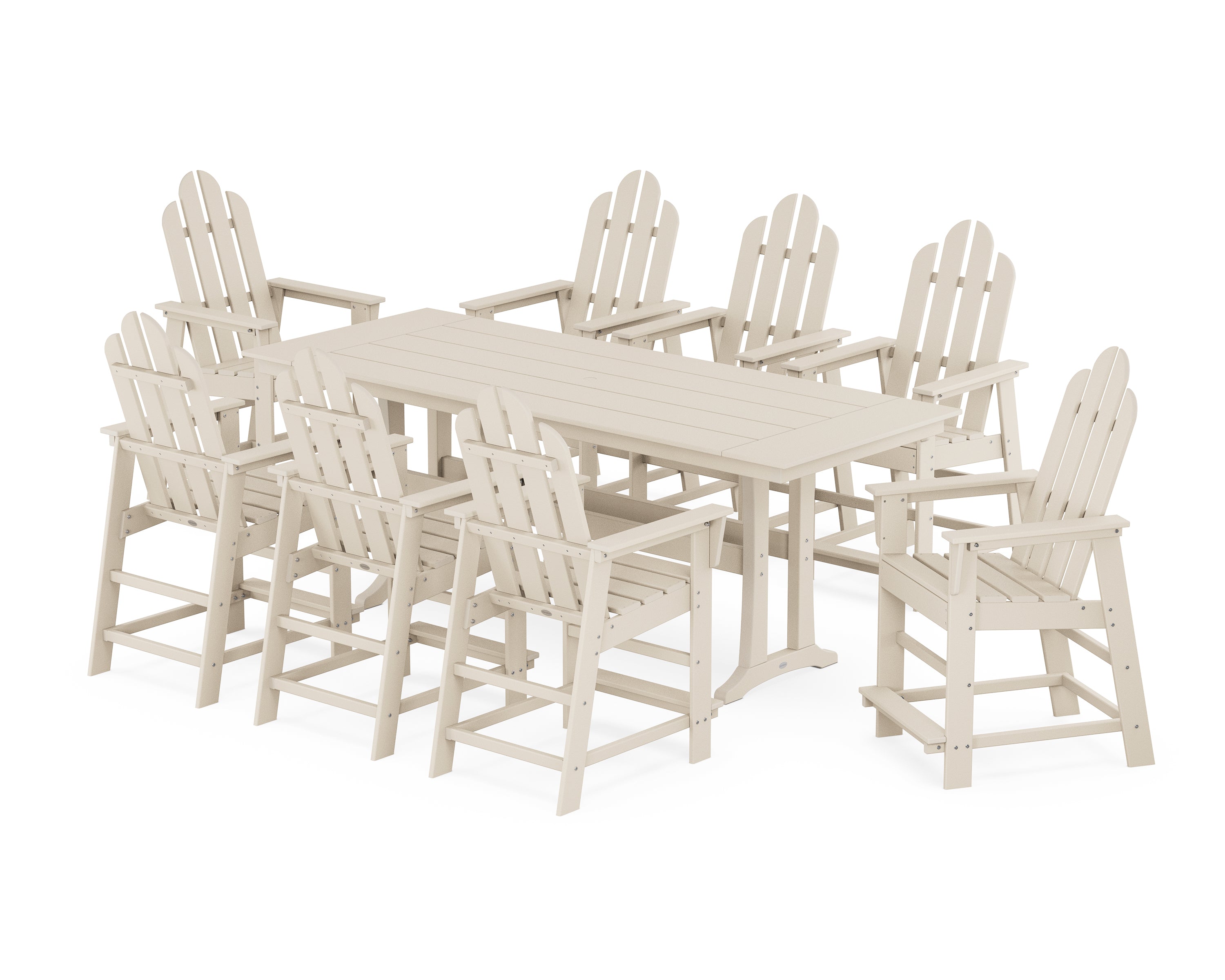 POLYWOOD Long Island 9-Piece Farmhouse Counter Set with Trestle Legs in Sand