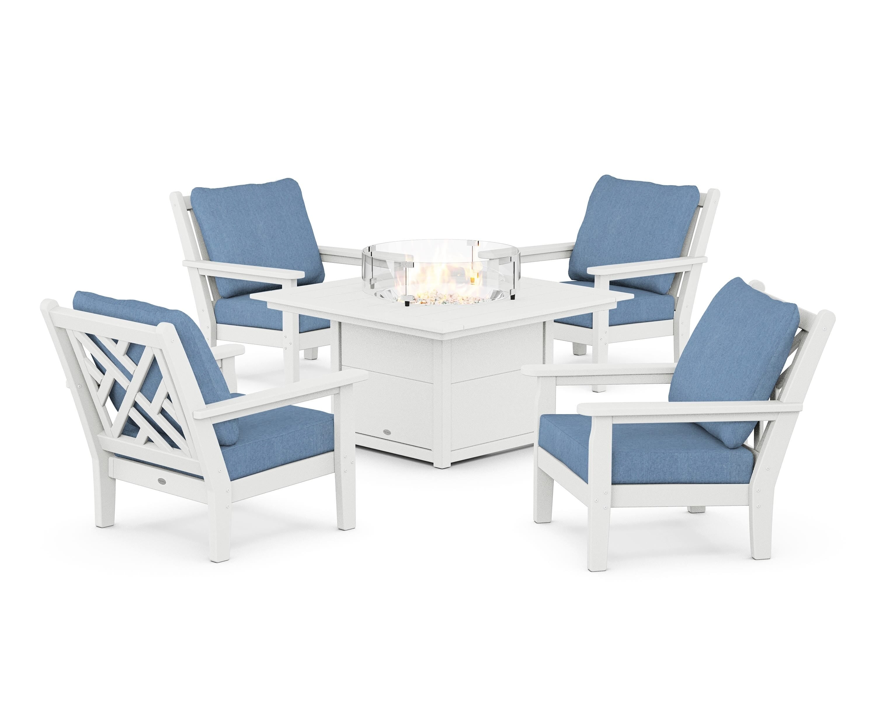 POLYWOOD Chippendale 5-Piece Deep Seating Set with Fire Pit Table in White / Sky Blue