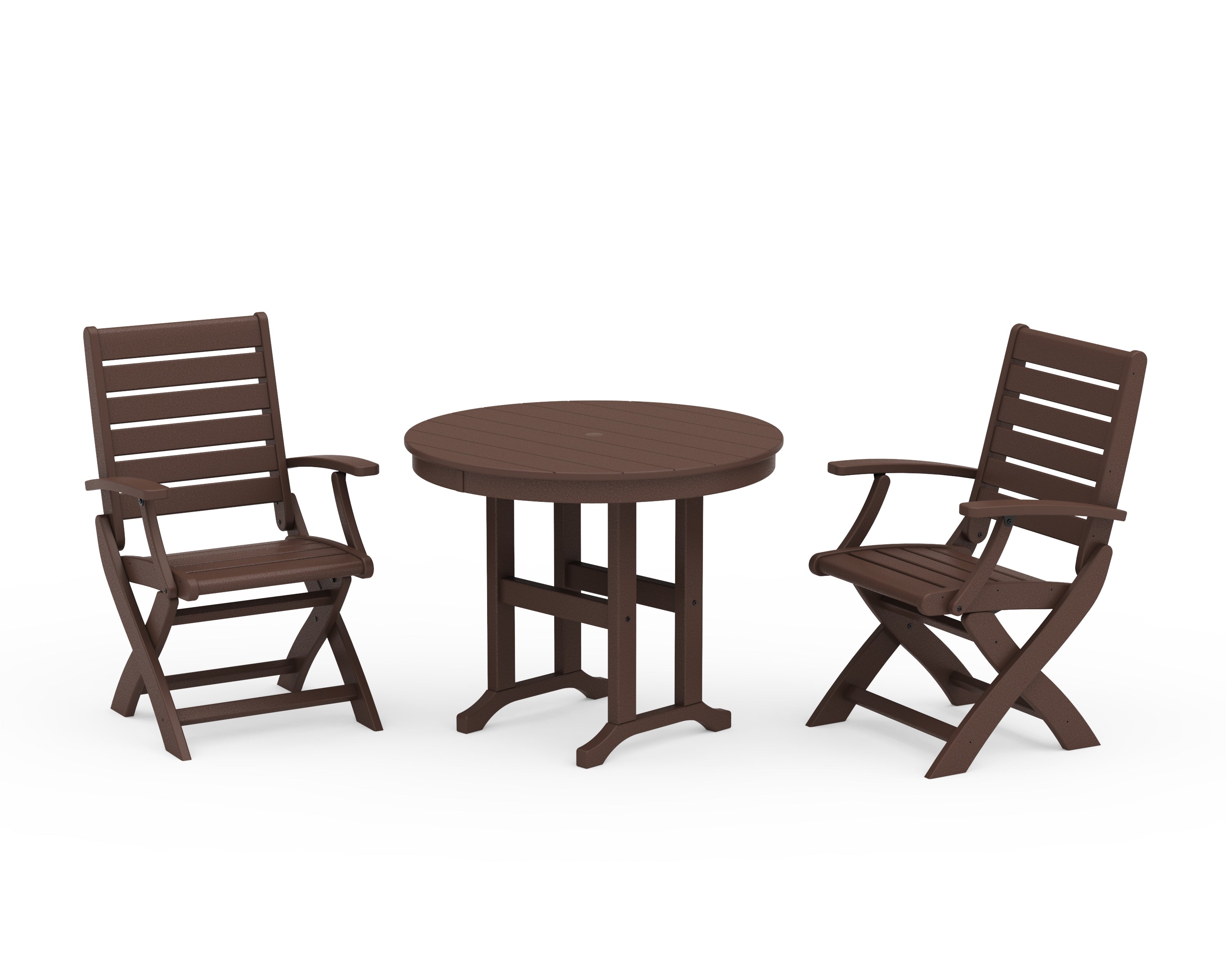 POLYWOOD Signature Folding Chair 3-Piece Round Farmhouse Dining Set in Mahogany