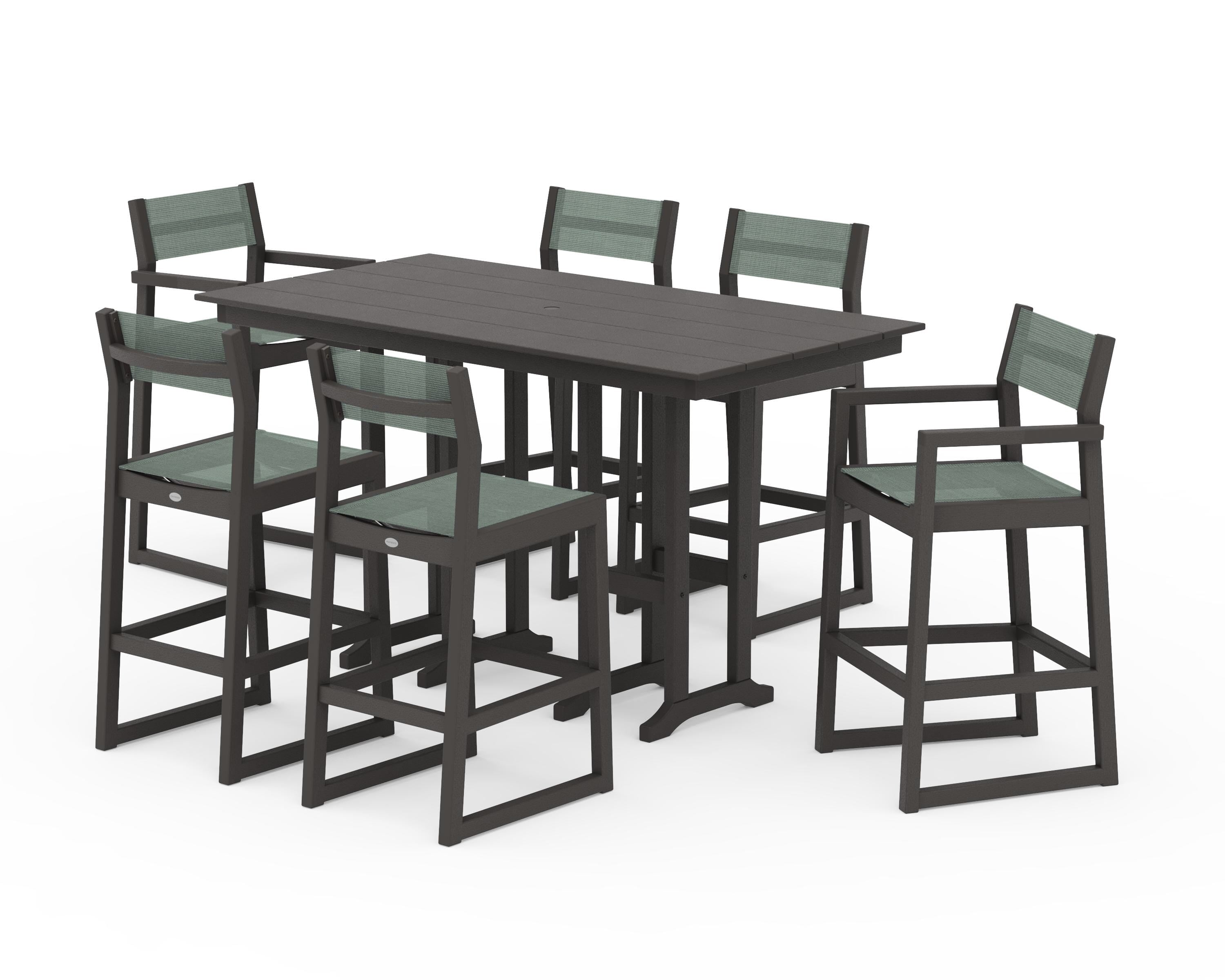 POLYWOOD EDGE Sling 7-Piece Farmhouse Bar Set in Vintage Coffee / Dupioni Sea Mist Sling