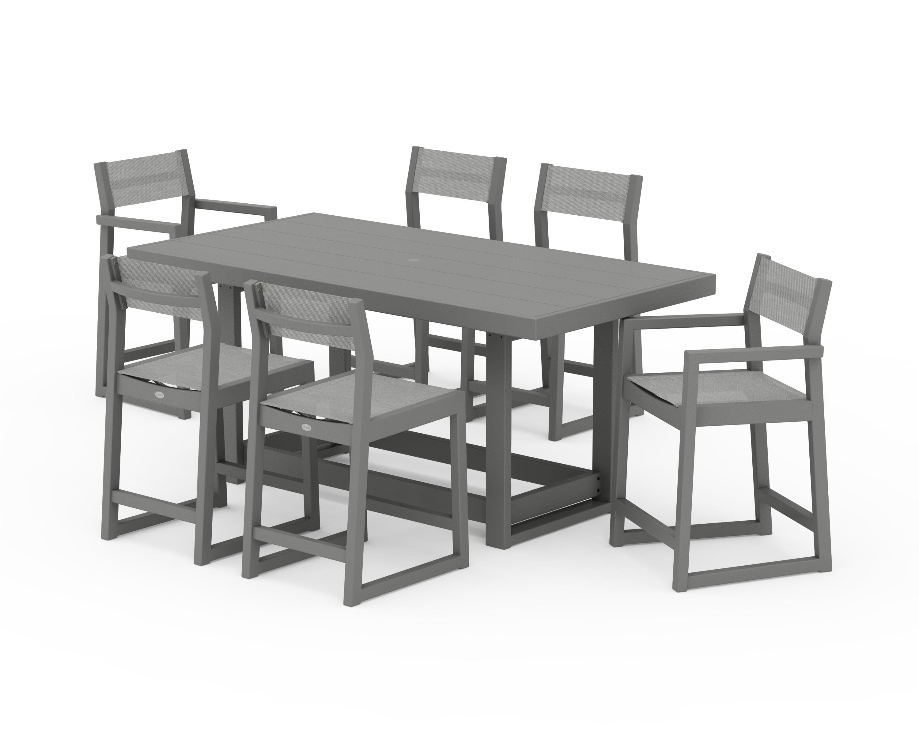 POLYWOOD EDGE Sling 7-Piece Counter Table Set in Slate Grey / Metallic Sling