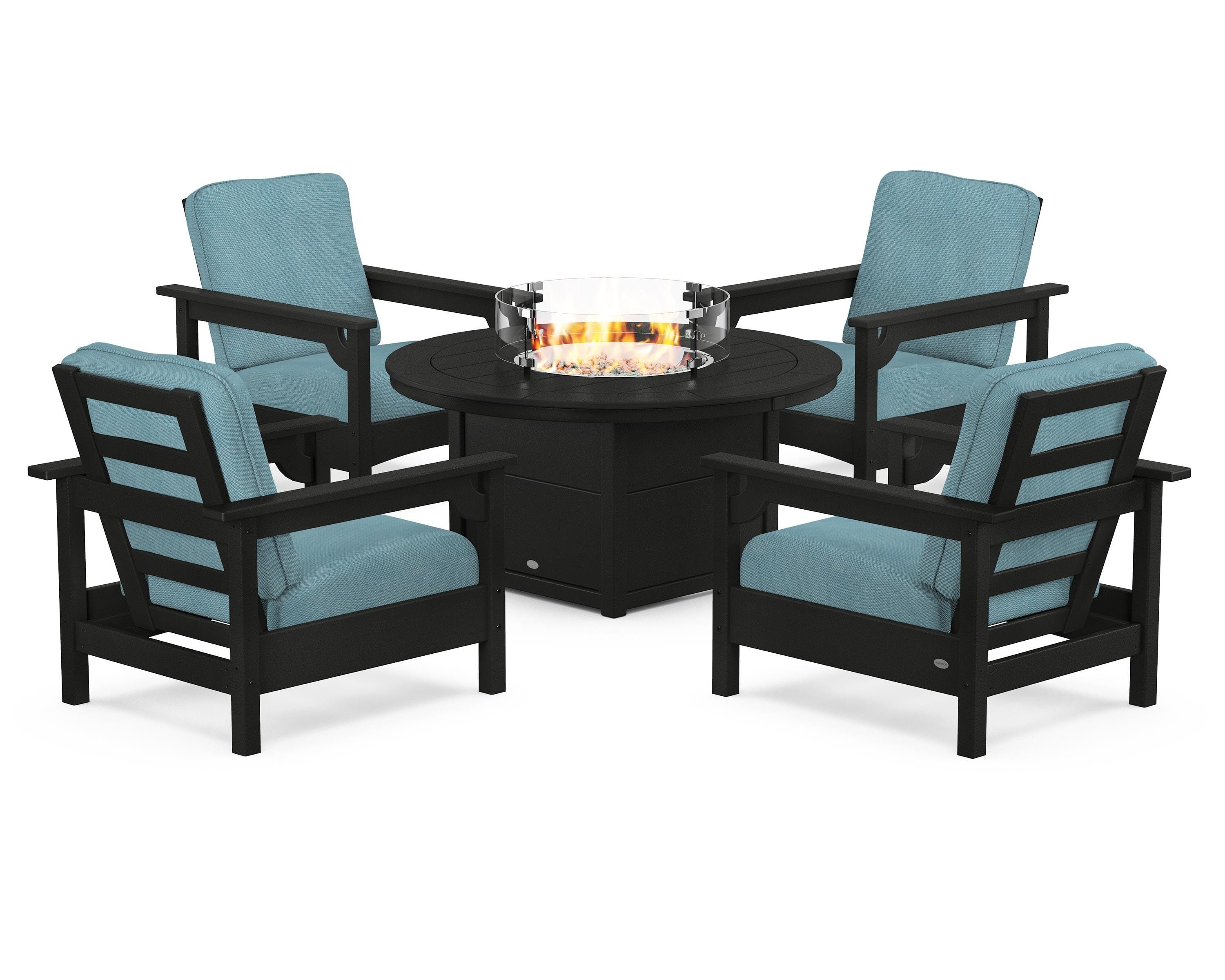 POLYWOOD Club 5-Piece Conversation Set with Fire Pit Table in Black / Lattice Sky Blue