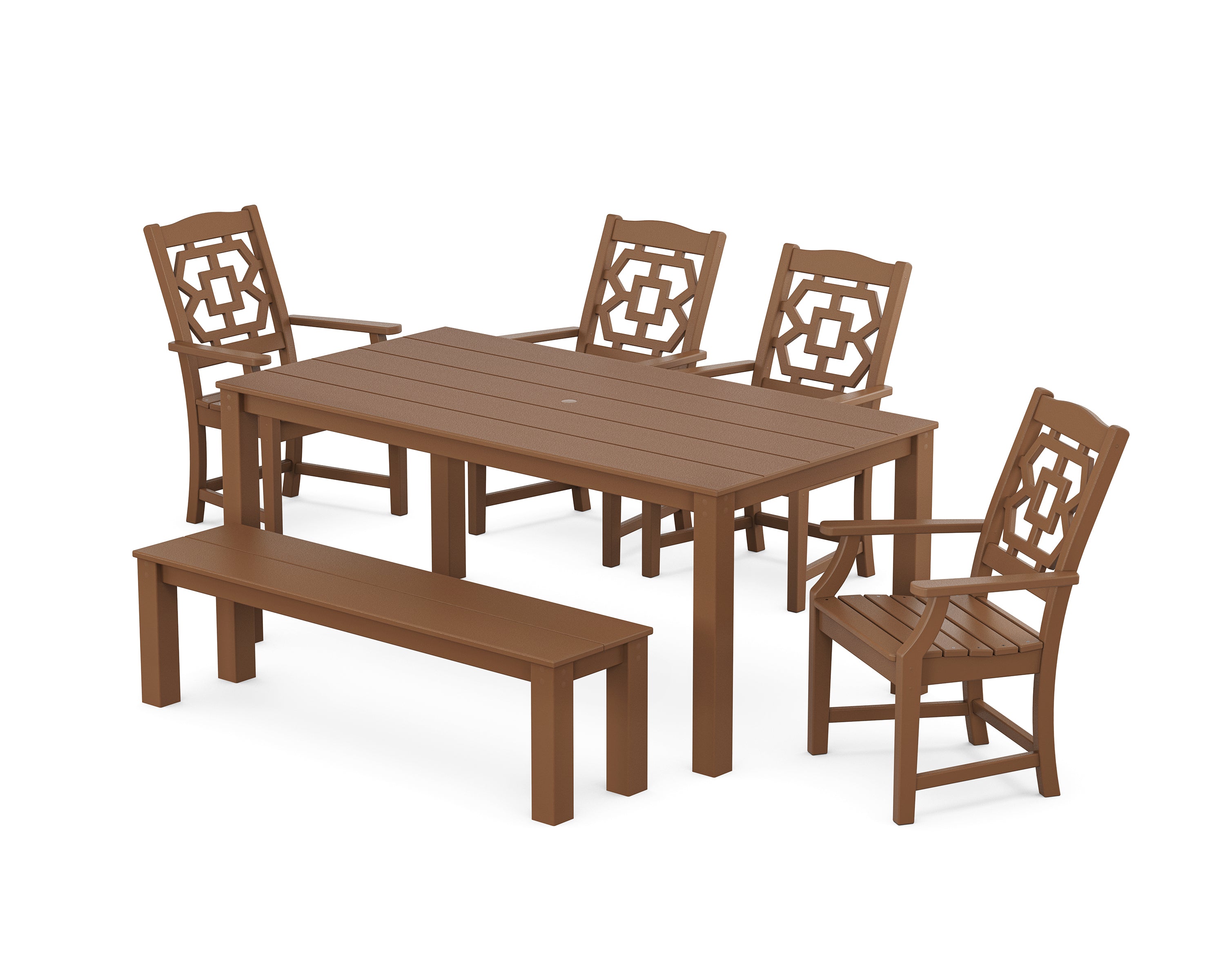 Martha Stewart by POLYWOOD Chinoiserie 6-Piece Parsons Dining Set with Bench in Teak