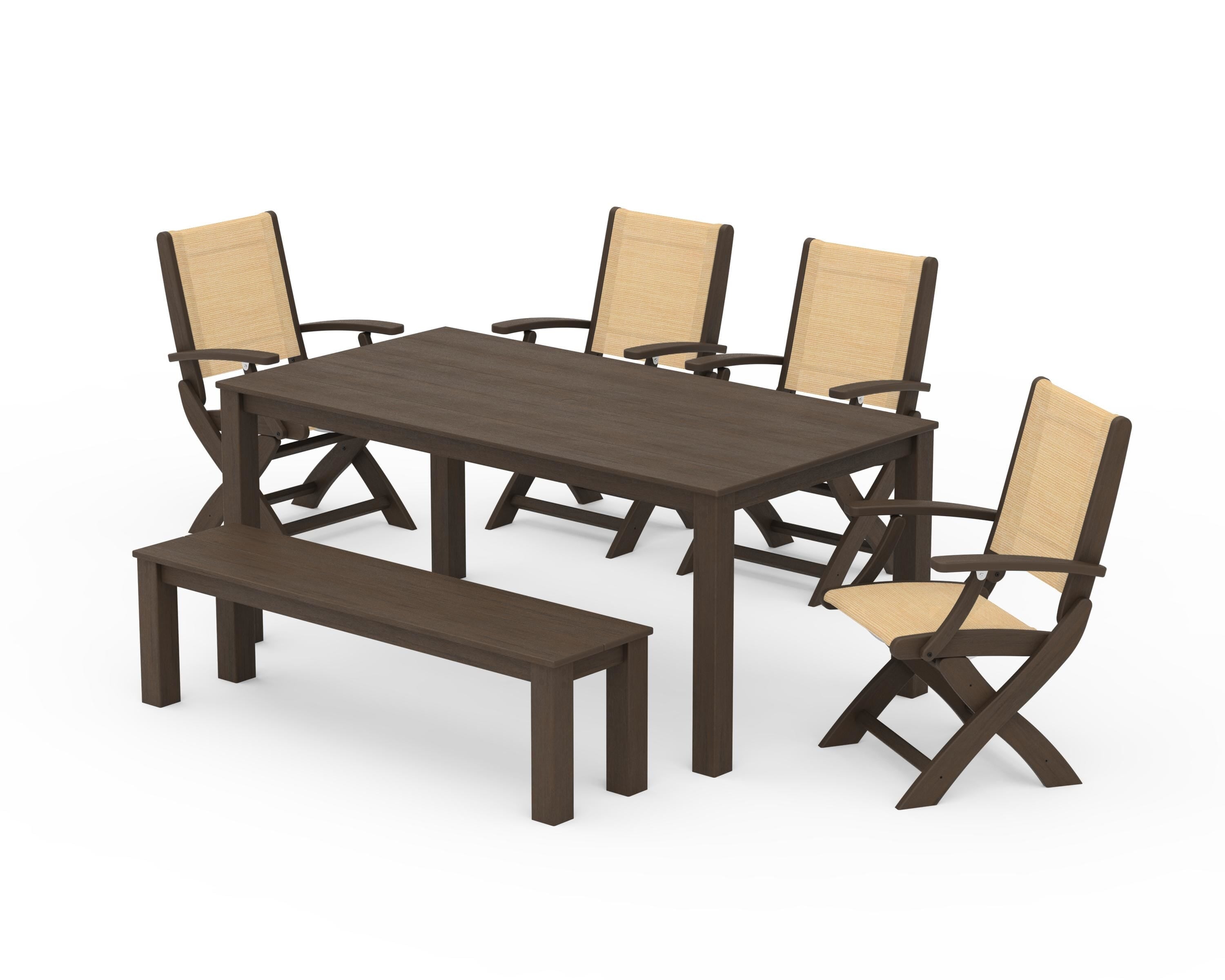 POLYWOOD Coastal Folding Chair 6-Piece Parsons Dining Set with Bench in Kona / Dupioni Apricot Sling