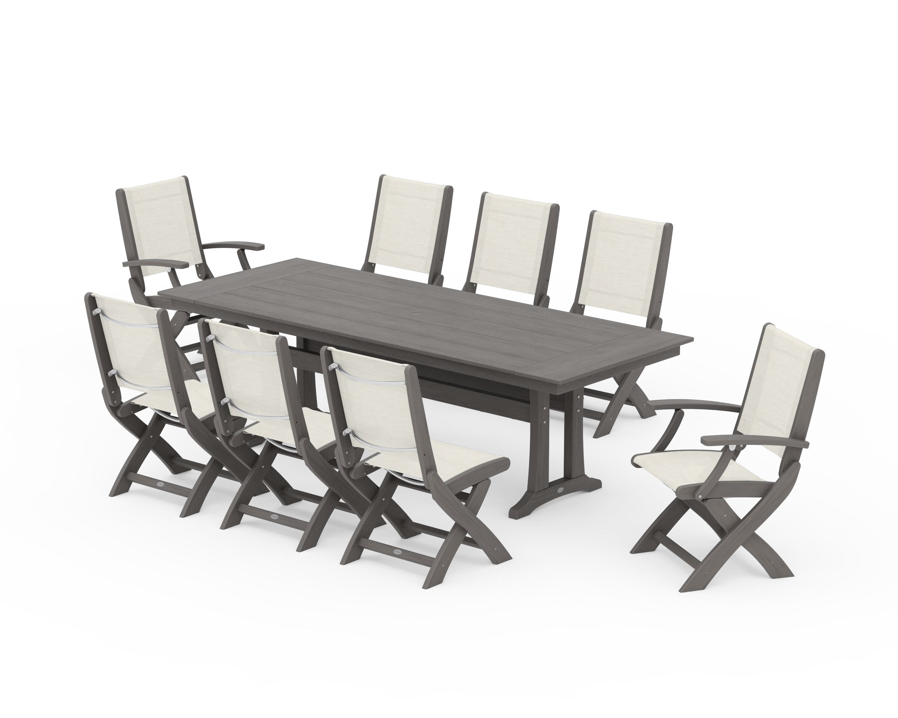 POLYWOOD Coastal 9-Piece Folding Dining Chair Farmhouse Dining Set with Trestle Legs in Driftwood / Parchment Sling