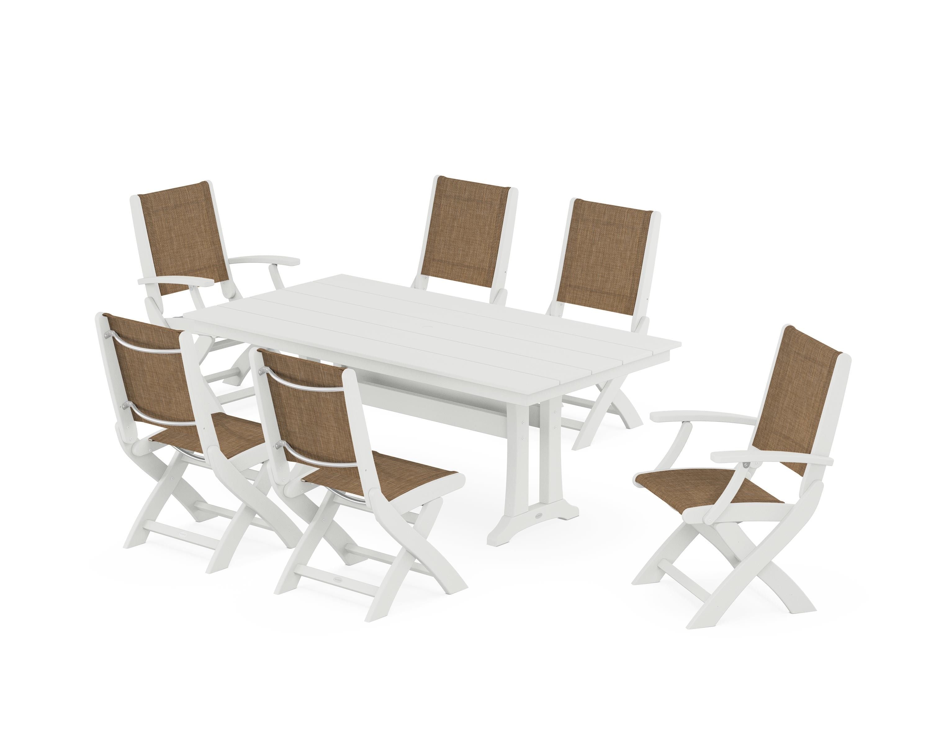 POLYWOOD Coastal Folding Chair 7-Piece Farmhouse Dining Set with Trestle Legs in Vintage White / Burlap Sling