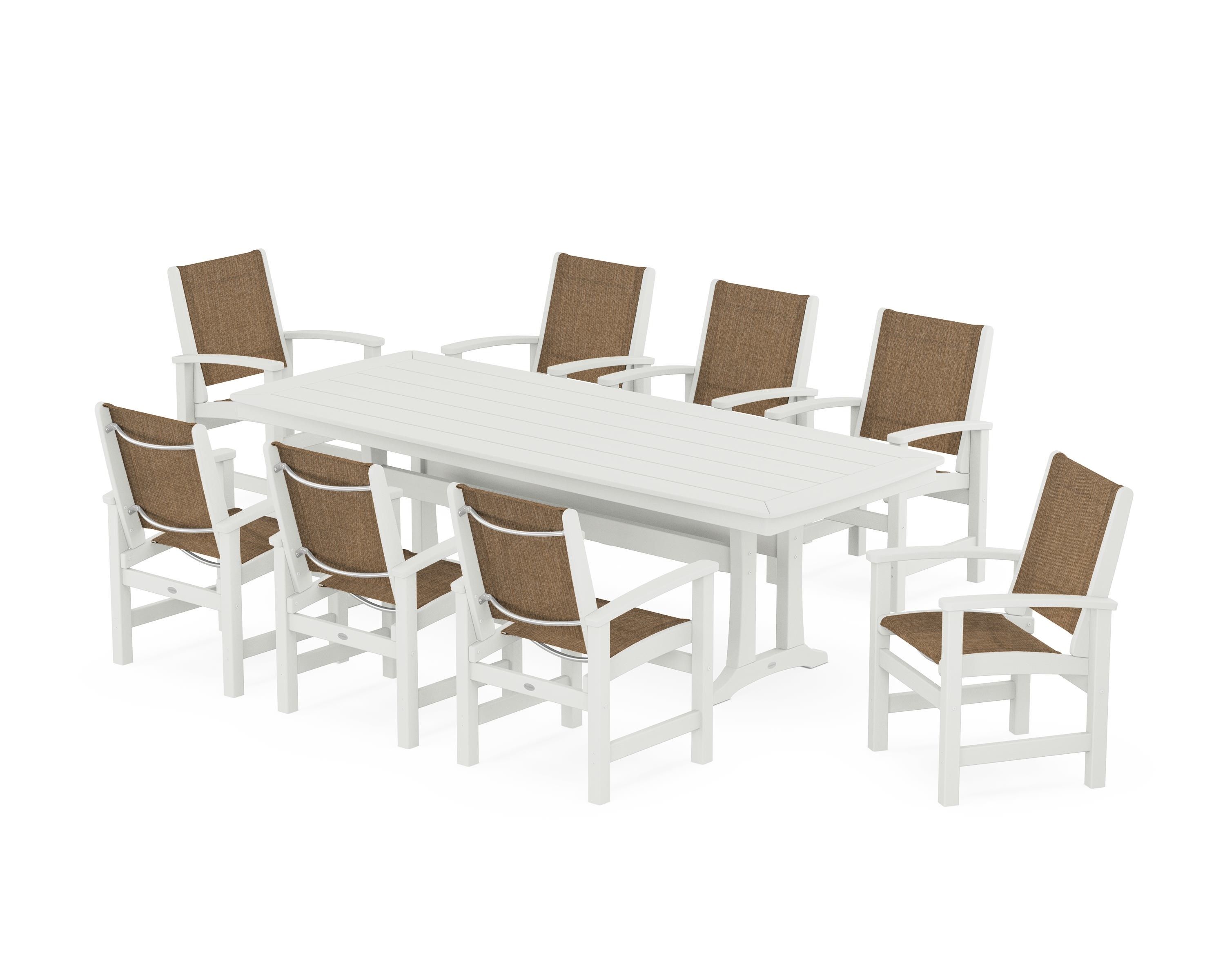 POLYWOOD Coastal 9-Piece Dining Set with Trestle Legs in Vintage White / Burlap Sling
