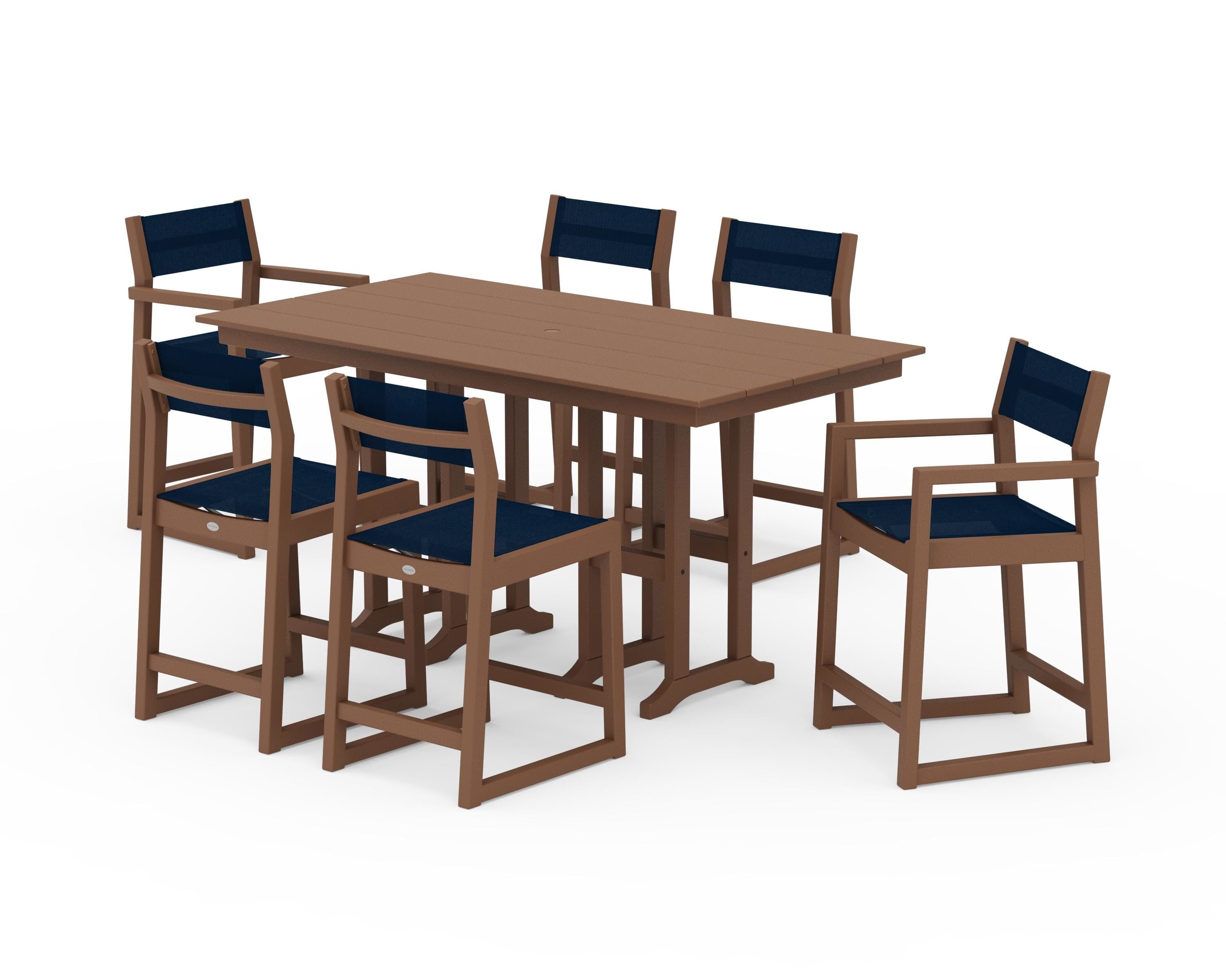 POLYWOOD EDGE Sling 7-Piece Farmhouse Counter Set in Teak / Navy Blue Sling