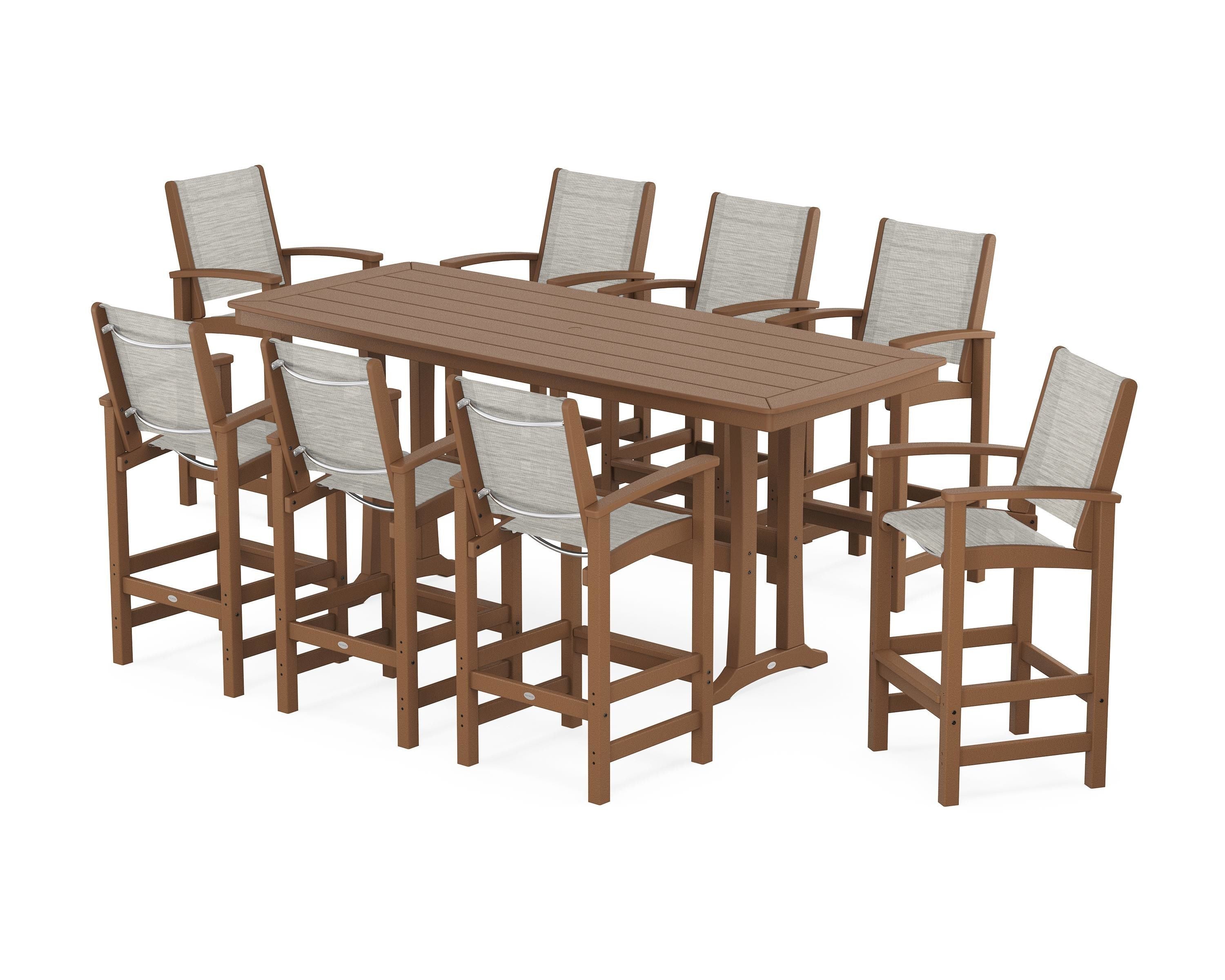 POLYWOOD Coastal 9-Piece Bar Set with Trestle Legs in Teak / Birch Sling