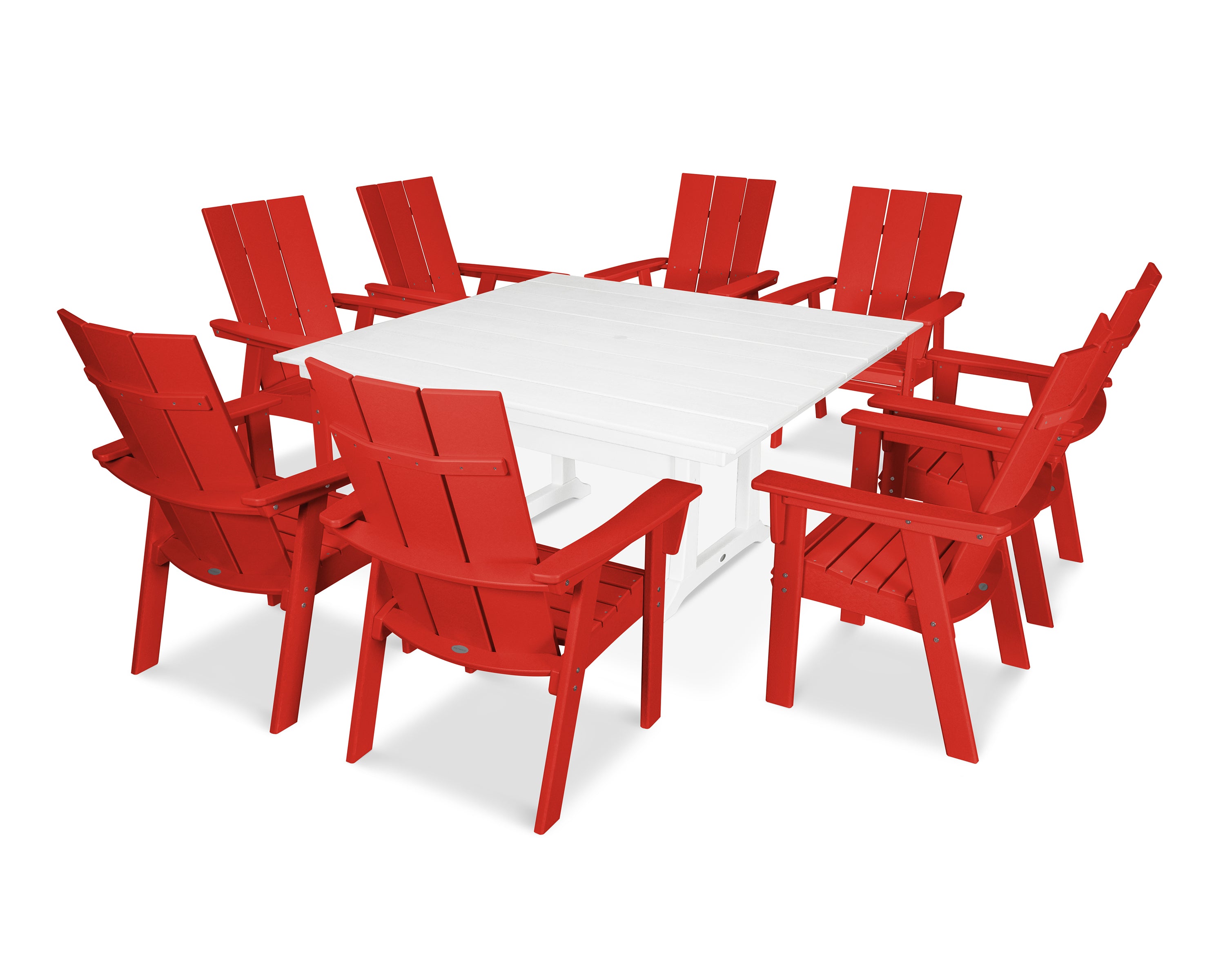POLYWOOD® Modern Curveback Adirondack 9-Piece Farmhouse Trestle Dining Set in Sunset Red / White