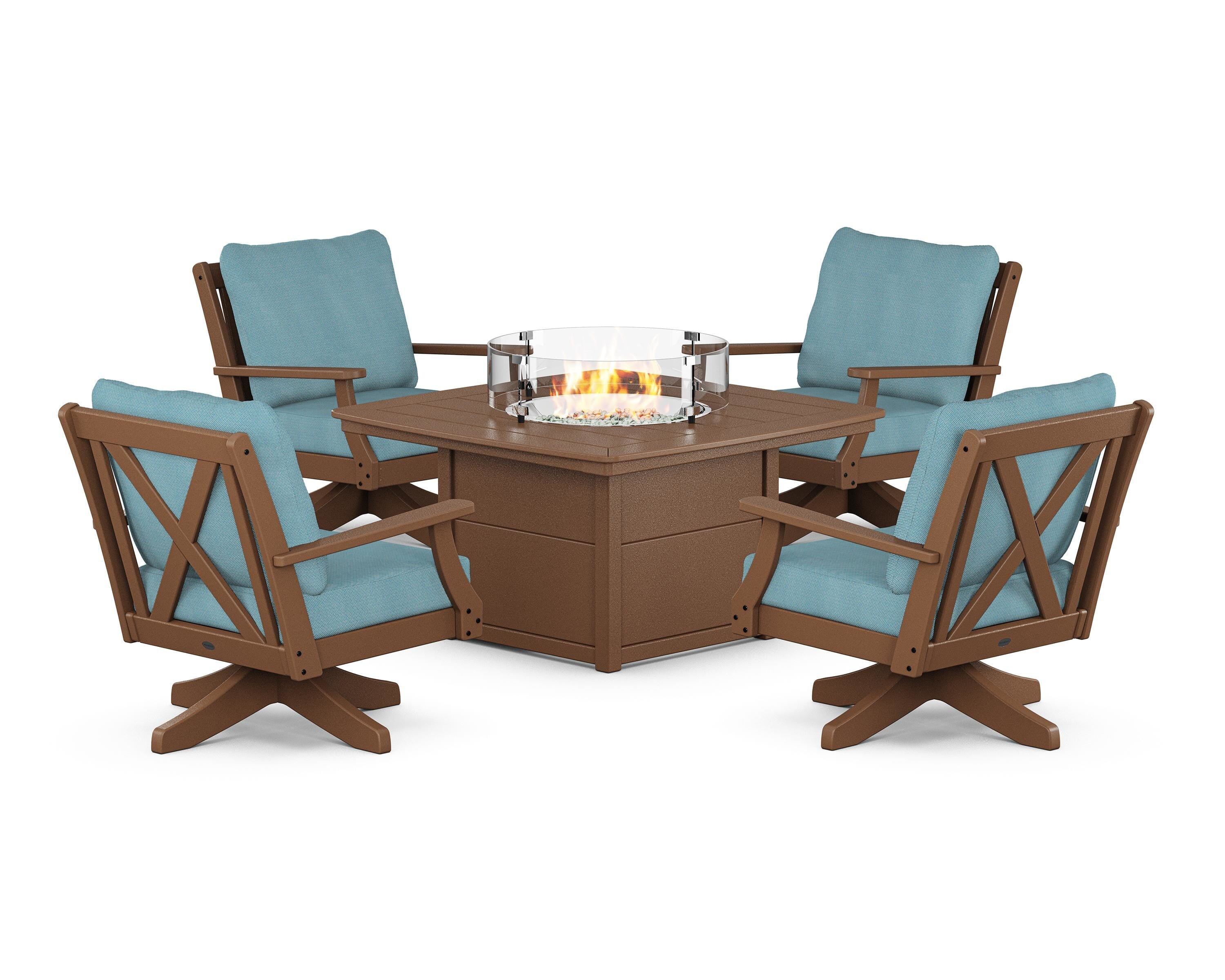 POLYWOOD Braxton 5-Piece Deep Seating Swivel Conversation Set with Fire Pit Table in Teak / Lattice Sky Blue