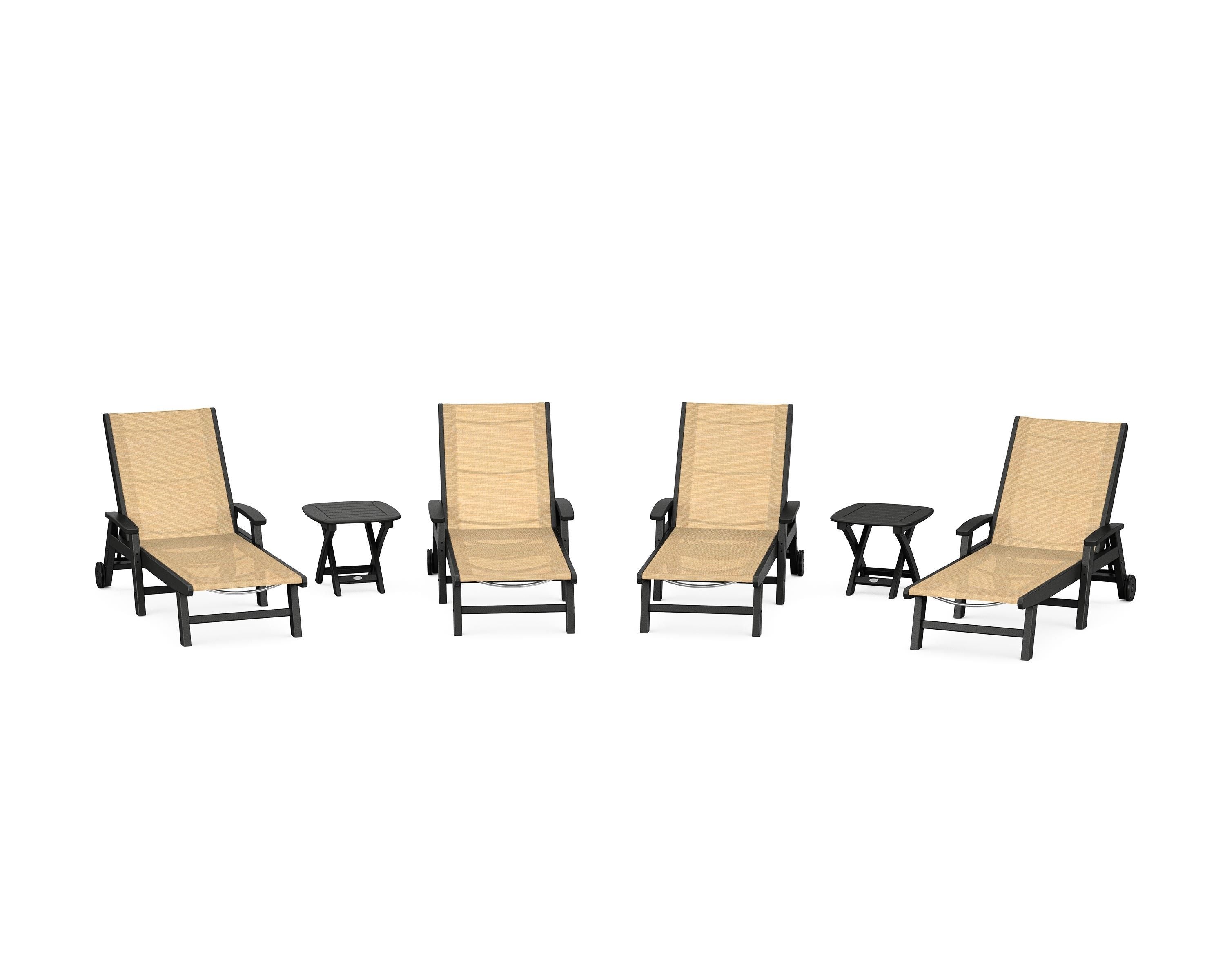 POLYWOOD Coastal Chaise 6-Piece Set with Wheels in Black / Dupioni Apricot Sling