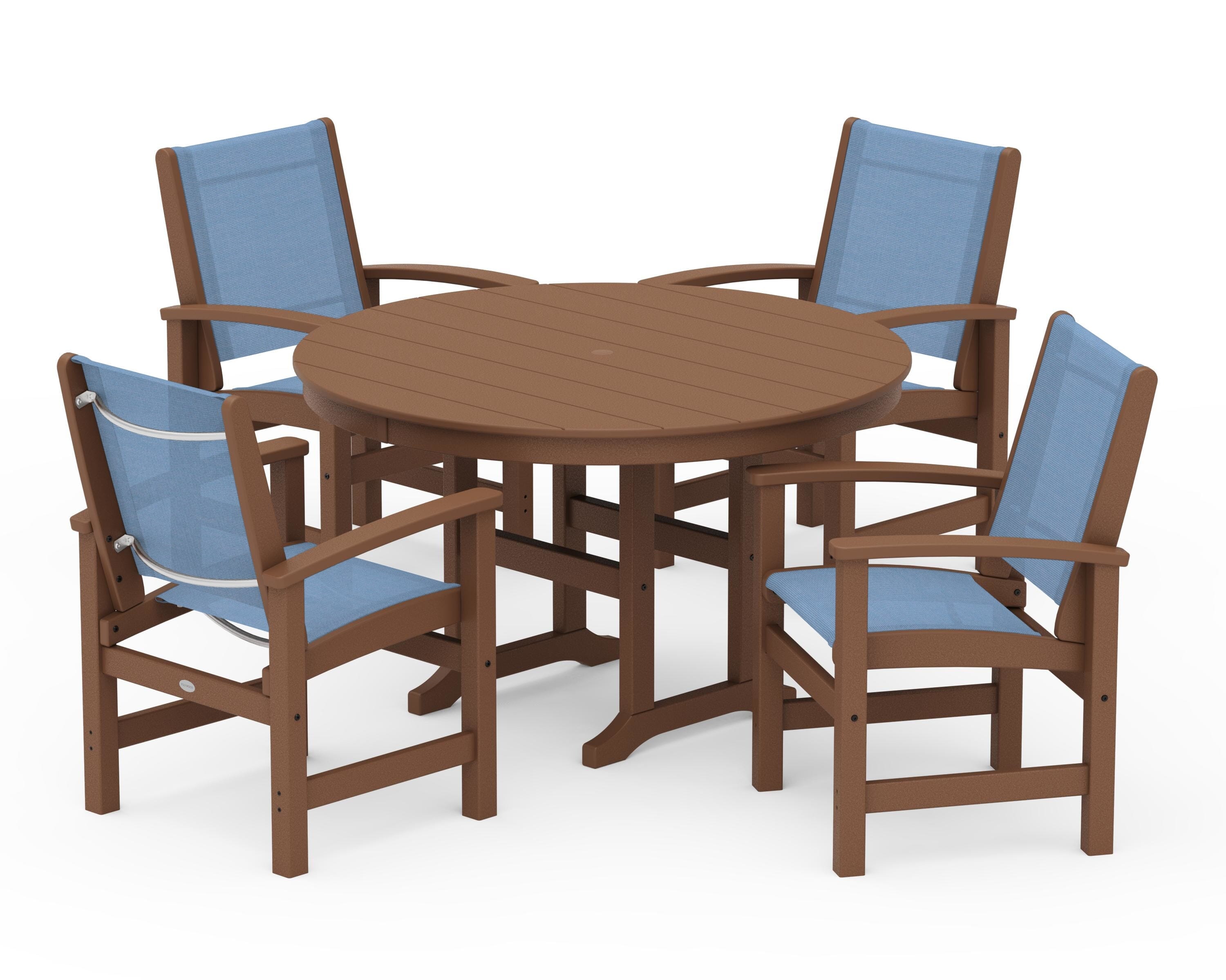POLYWOOD Coastal 5-Piece Round Farmhouse Dining Set in Teak / Poolside Sling