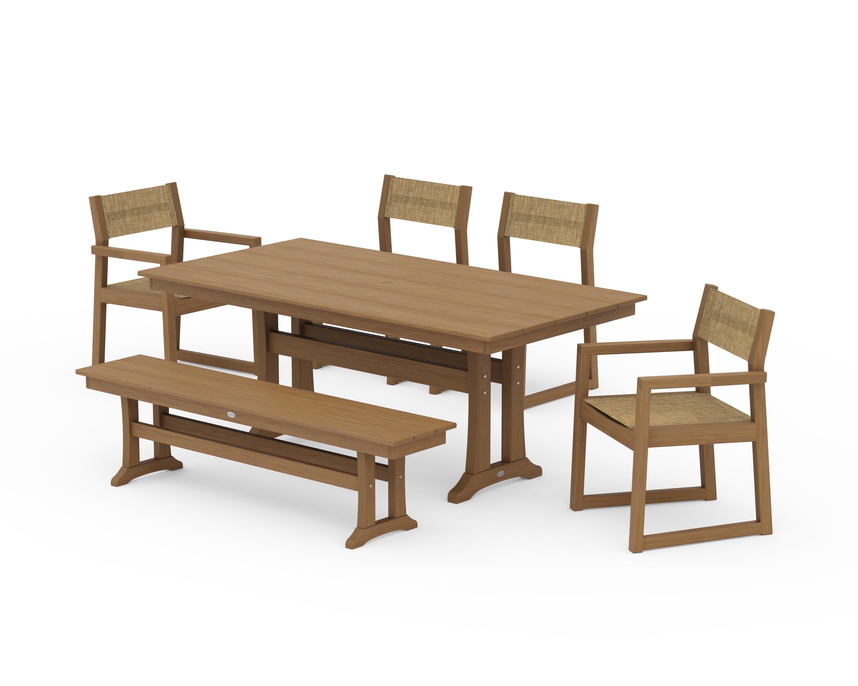 POLYWOOD EDGE Sling 6-Piece Farmhouse Dining Set With Trestle Legs in Natural / Burlap Sling