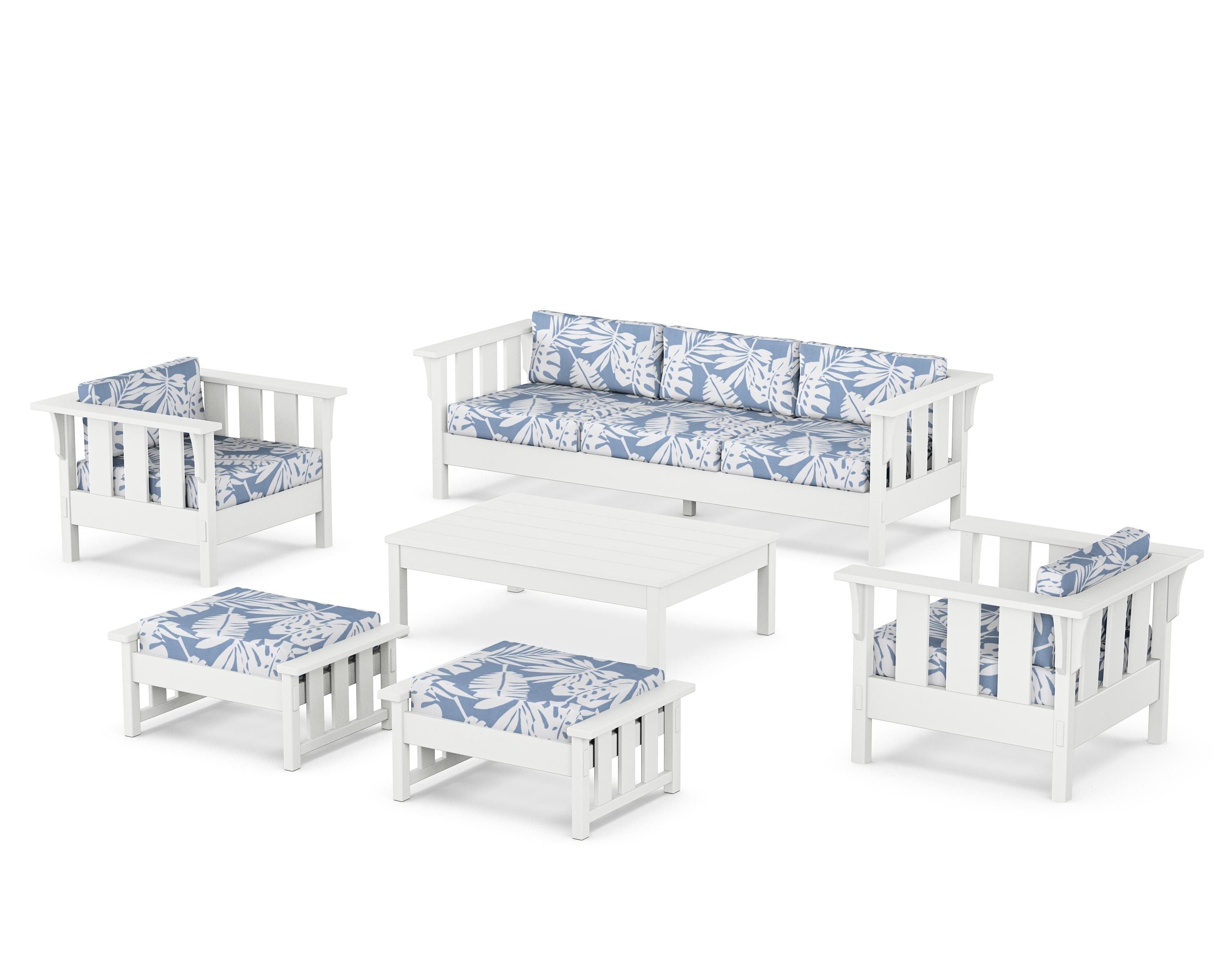 Martha Stewart by POLYWOOD Acadia 6-Piece Lounge Sofa Set in White / Leaf Sky Blue