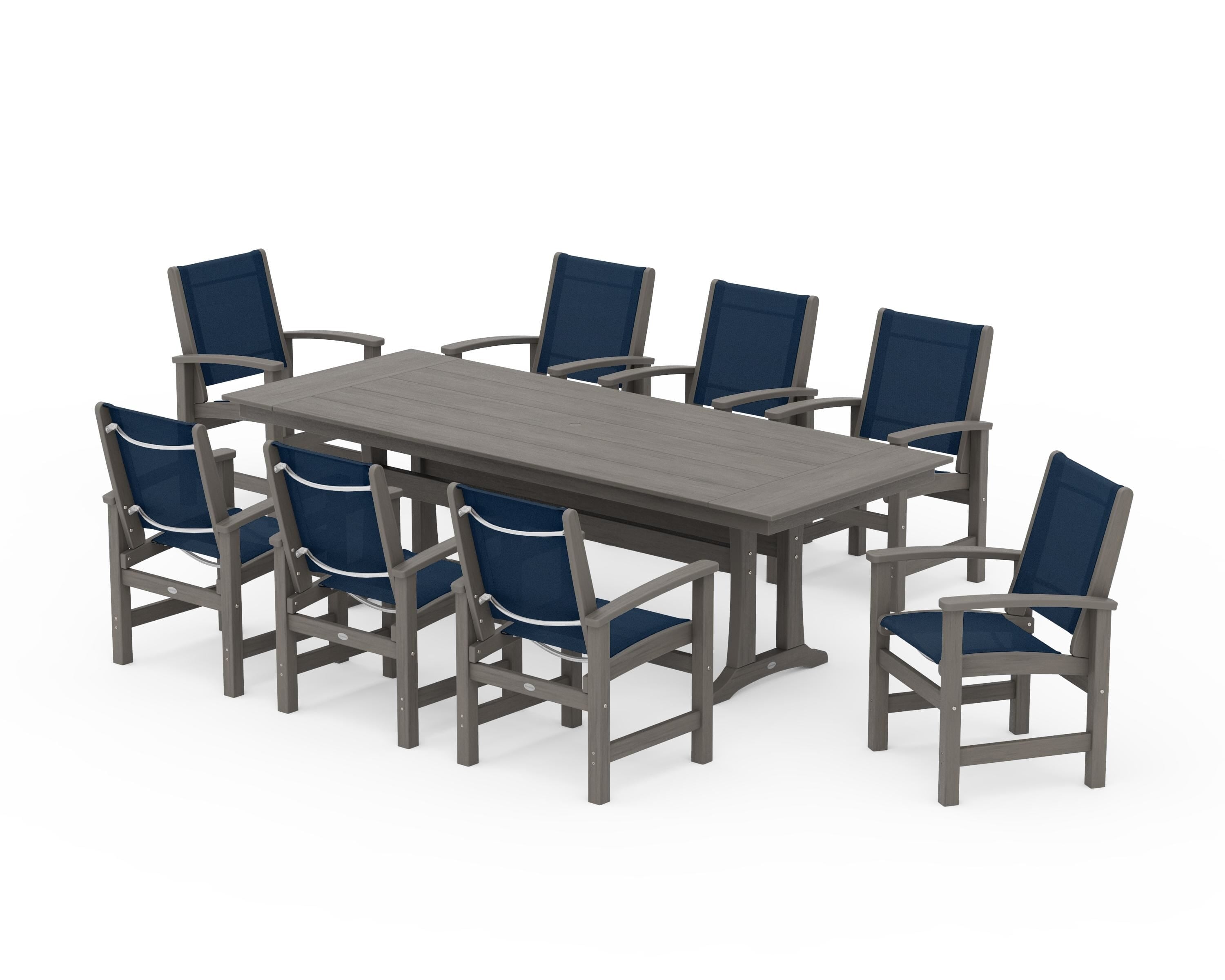 POLYWOOD Coastal 9-Piece Farmhouse Dining Set with Trestle Legs in Driftwood / Navy Blue Sling