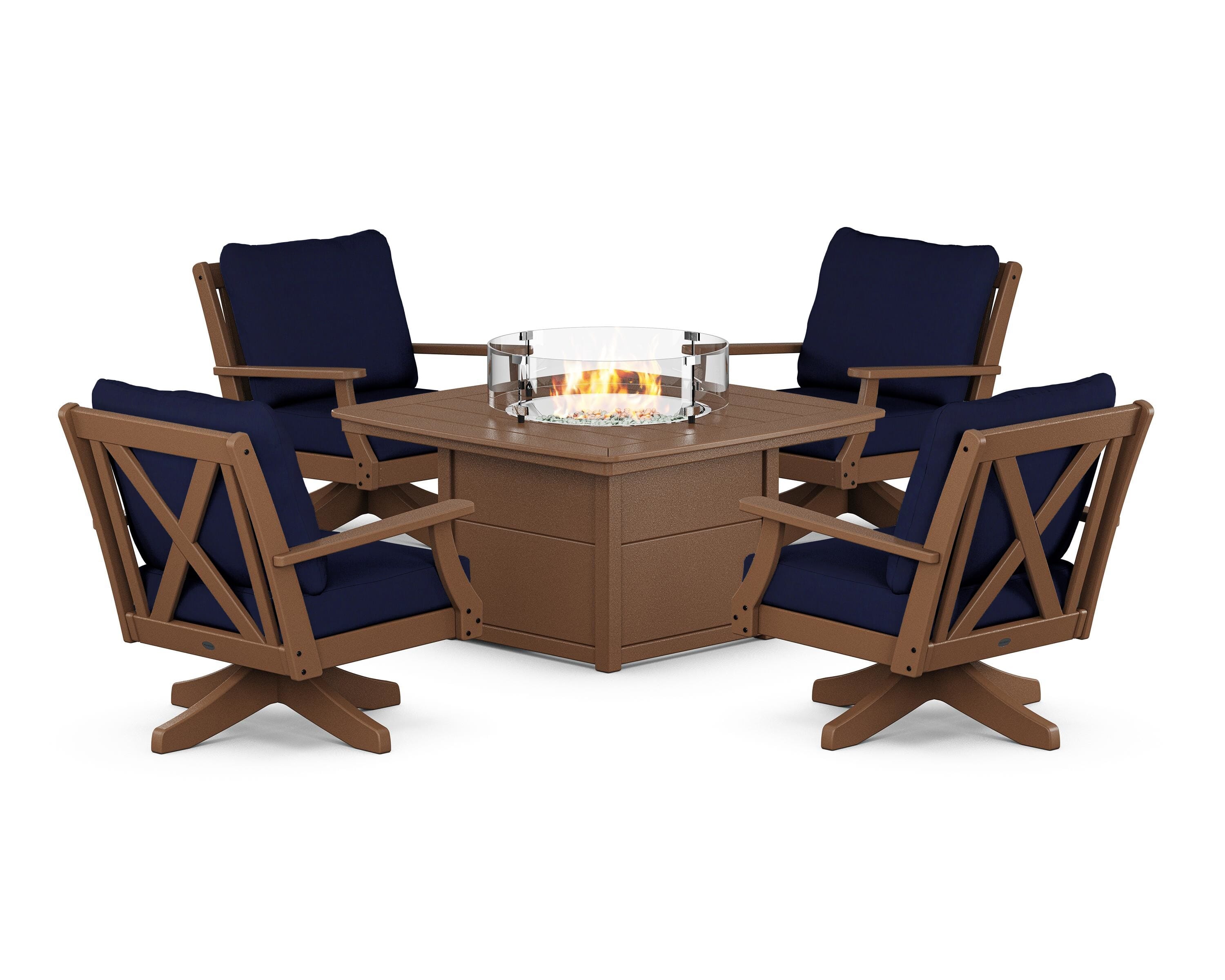 POLYWOOD Braxton 5-Piece Deep Seating Swivel Conversation Set with Fire Pit Table in Teak / Navy