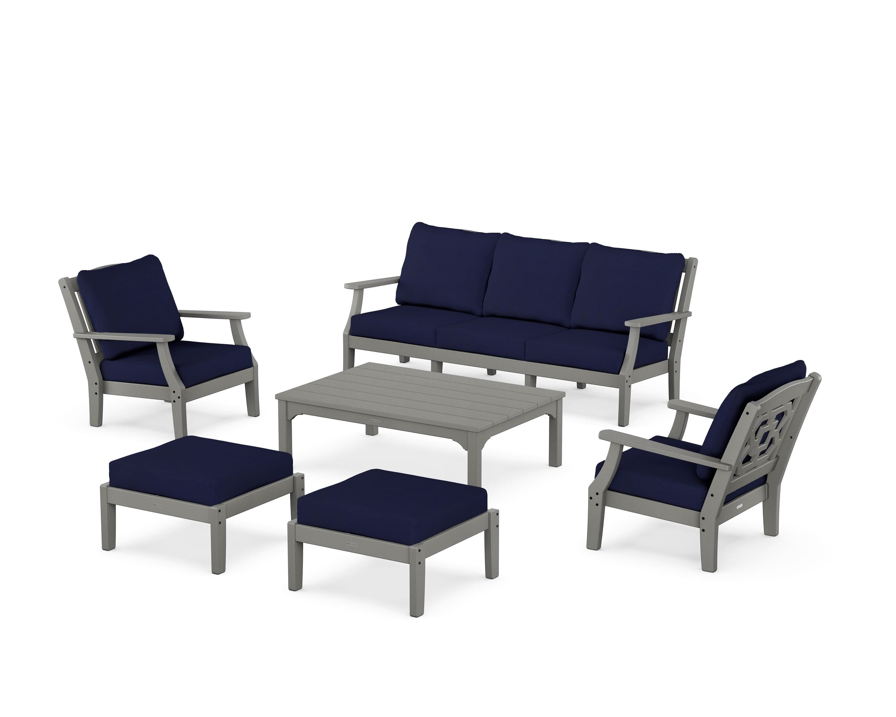 Martha Stewart by POLYWOOD Chinoiserie 6-Piece Lounge Sofa Set in Slate Grey / Navy