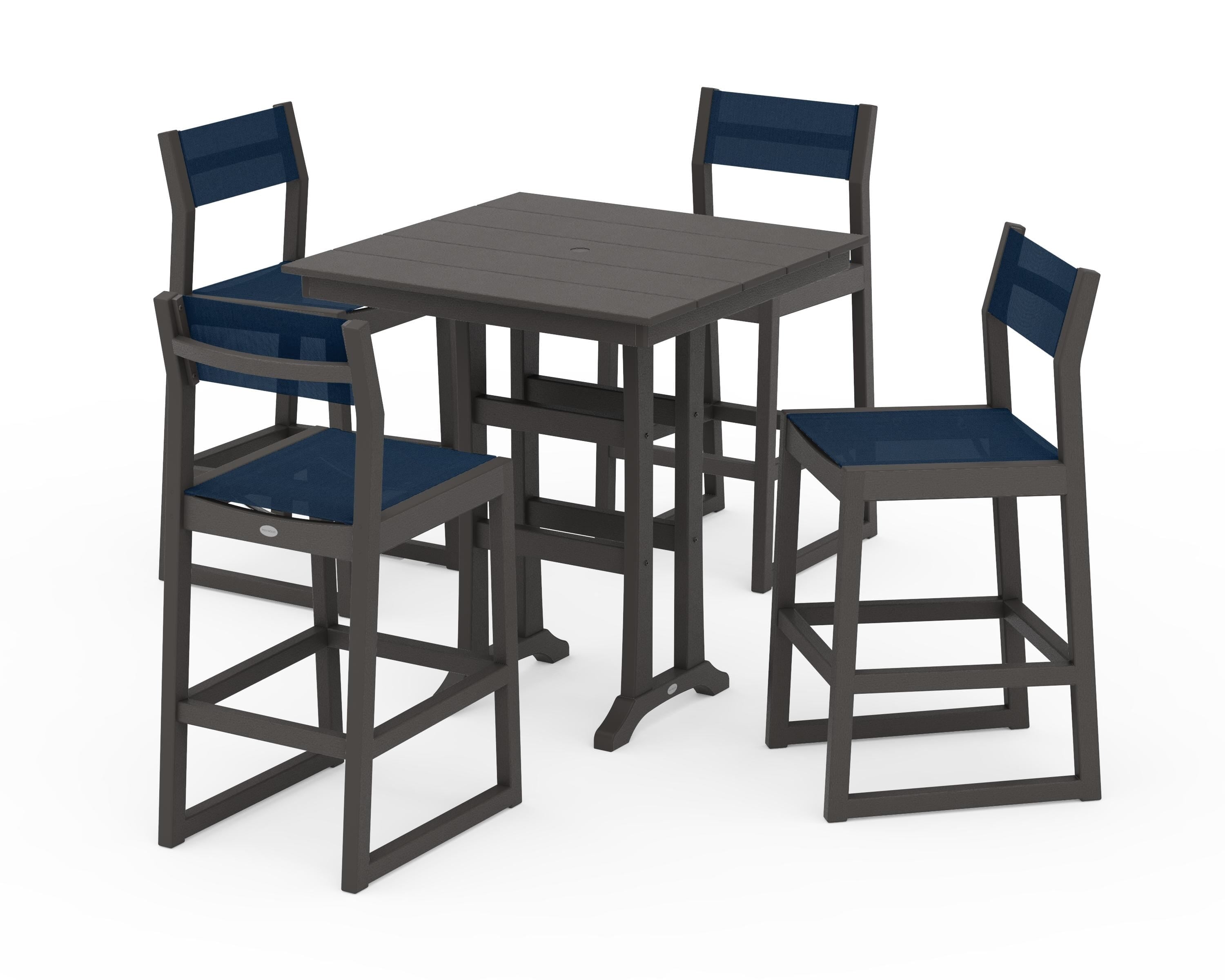 POLYWOOD EDGE Sling Arm Chair 5-Piece Farmhouse Bar Set with Trestle Legs in Vintage Coffee / Navy Blue Sling