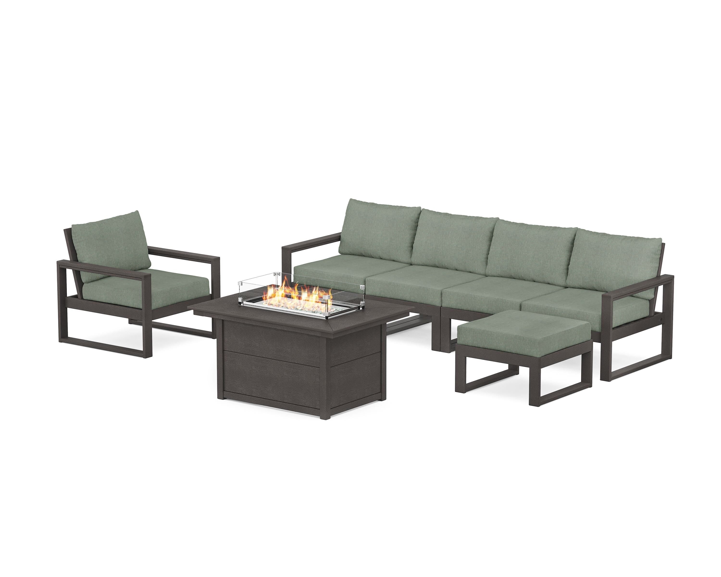 POLYWOOD EDGE Sectional Lounge and Fire Pit Set in Vintage Coffee / Cast Sage