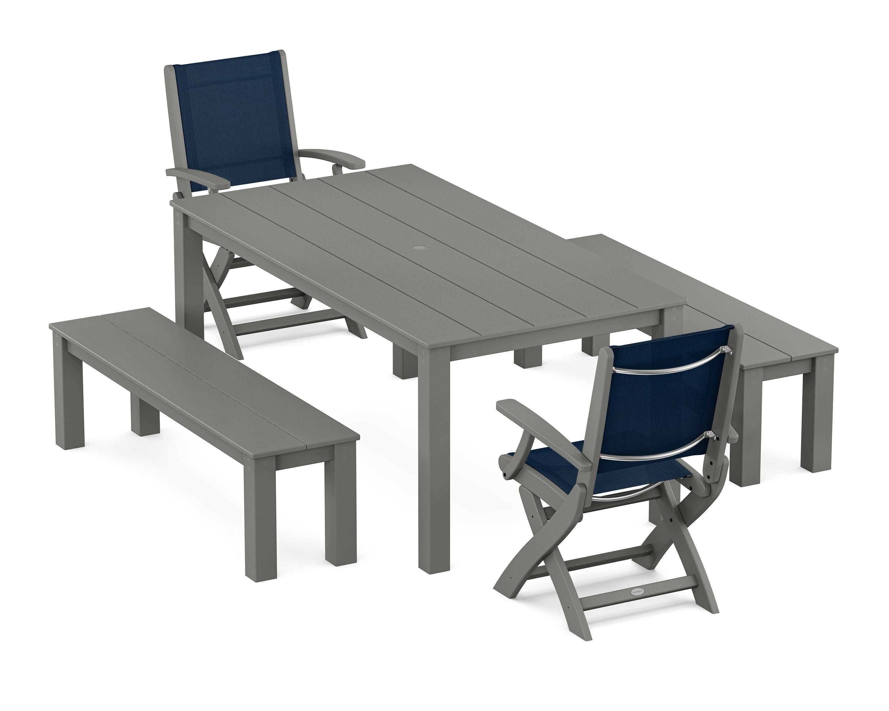 POLYWOOD Coastal Folding Chair 5-Piece Parsons Dining Set with Benches in Slate Grey / Navy Blue Sling