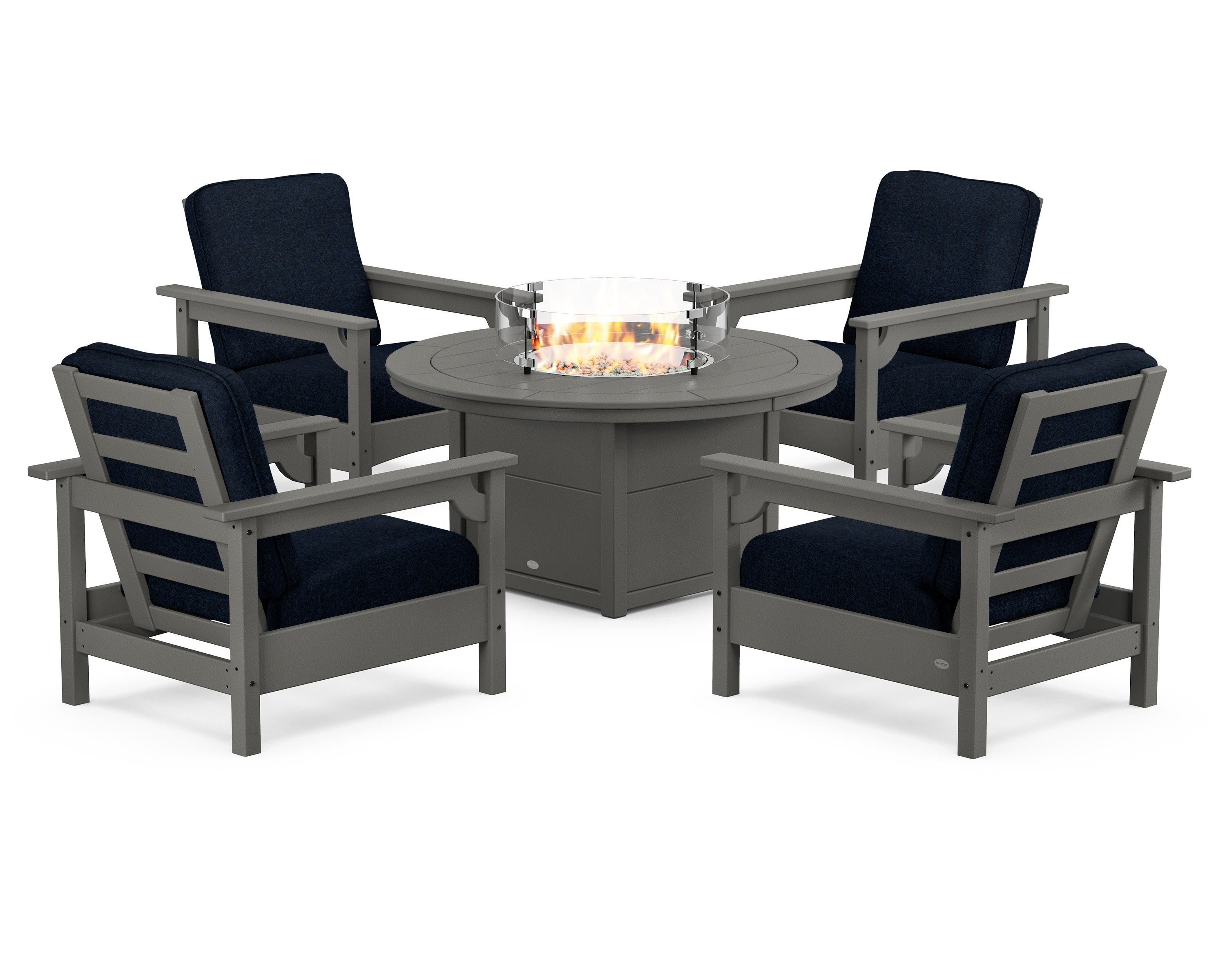 POLYWOOD Club 5-Piece Conversation Set with Fire Pit Table in Slate Grey / Marine Indigo