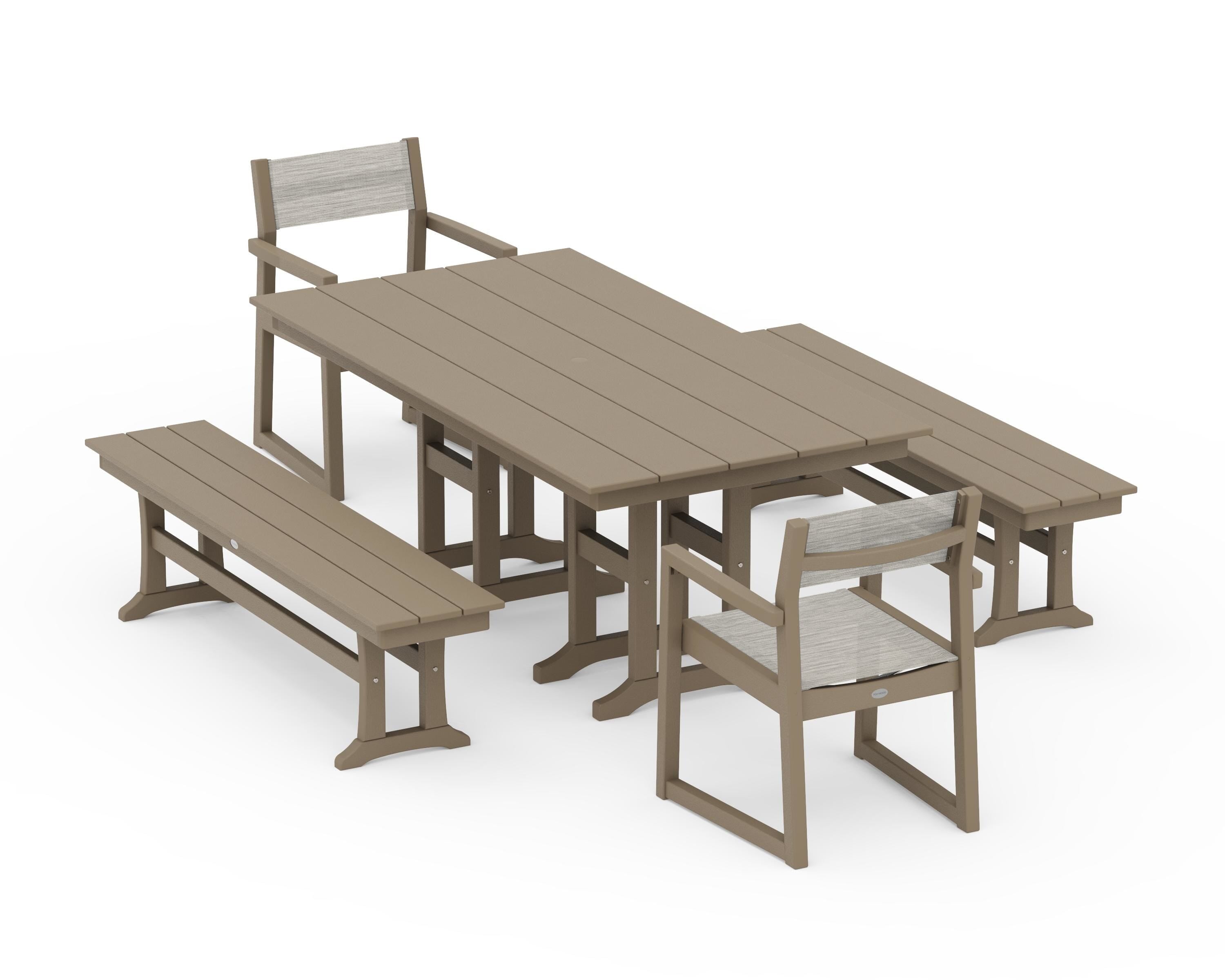 POLYWOOD EDGE Sling Arm Chair 5-Piece Farmhouse Dining Set with Benches in Vintage Sahara / Birch Sling