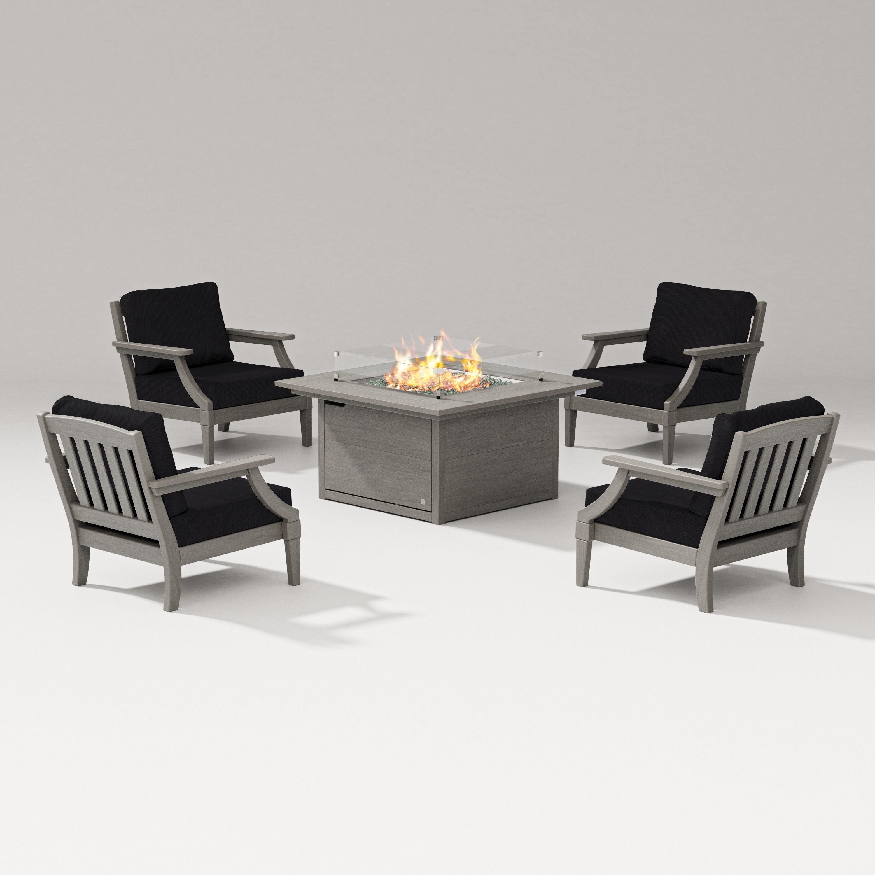 PW Designer Series Estate 5-Piece Lounge Fire Table Set in Driftwood / Midnight Linen