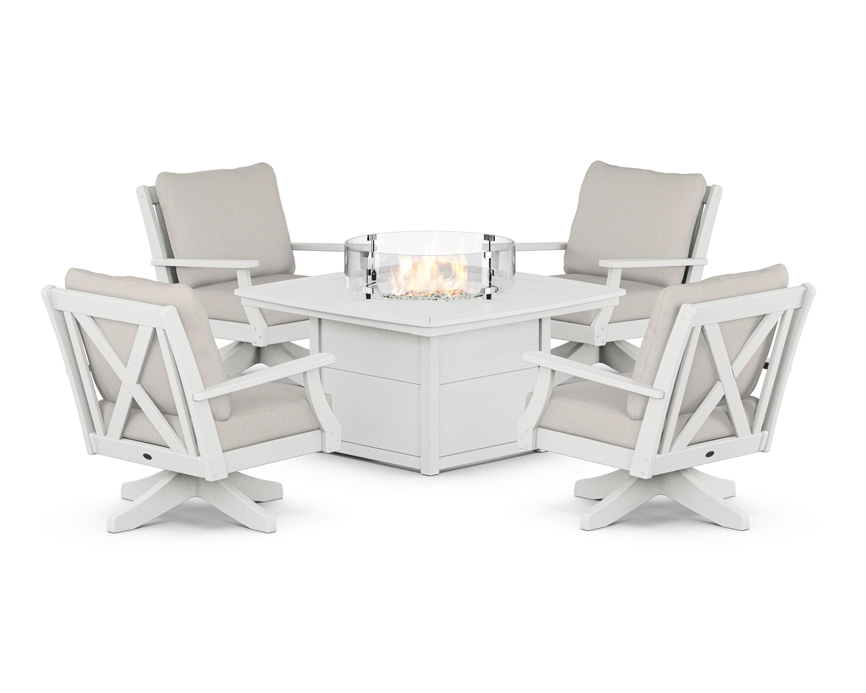 POLYWOOD Braxton 5-Piece Deep Seating Swivel Conversation Set with Fire Pit Table in Vintage White / Cast Ash