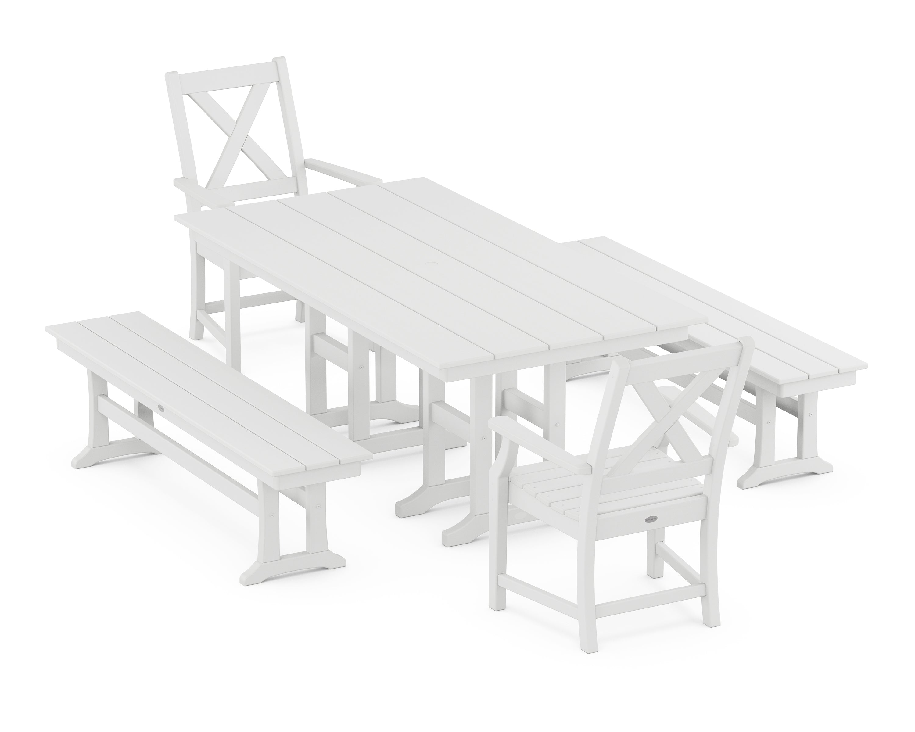 POLYWOOD® Braxton 5-Piece Farmhouse Dining Set with Benches in White