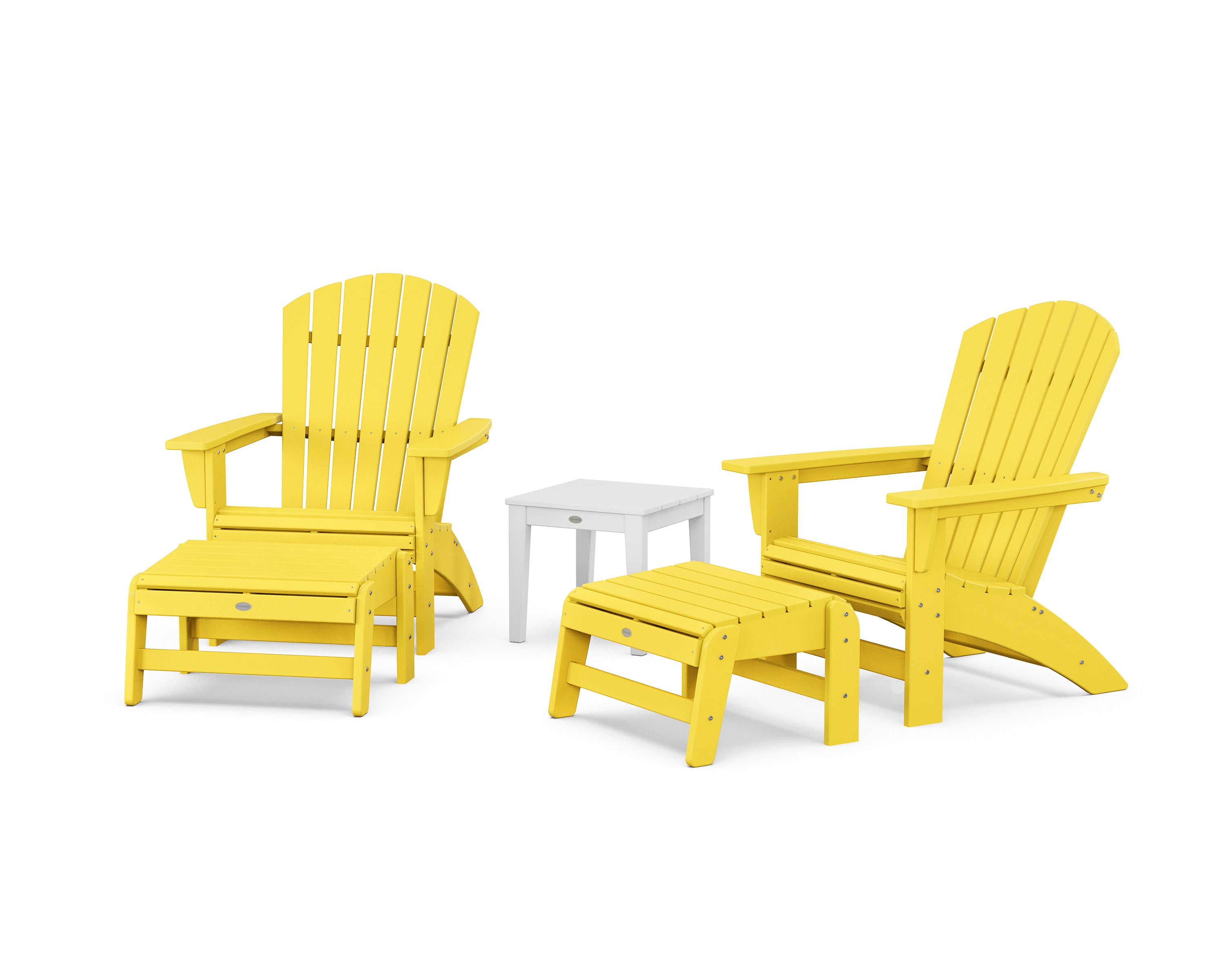 POLYWOOD 5-Piece Nautical Grand Adirondack Set with Ottomans and Side Table in Lemon / White