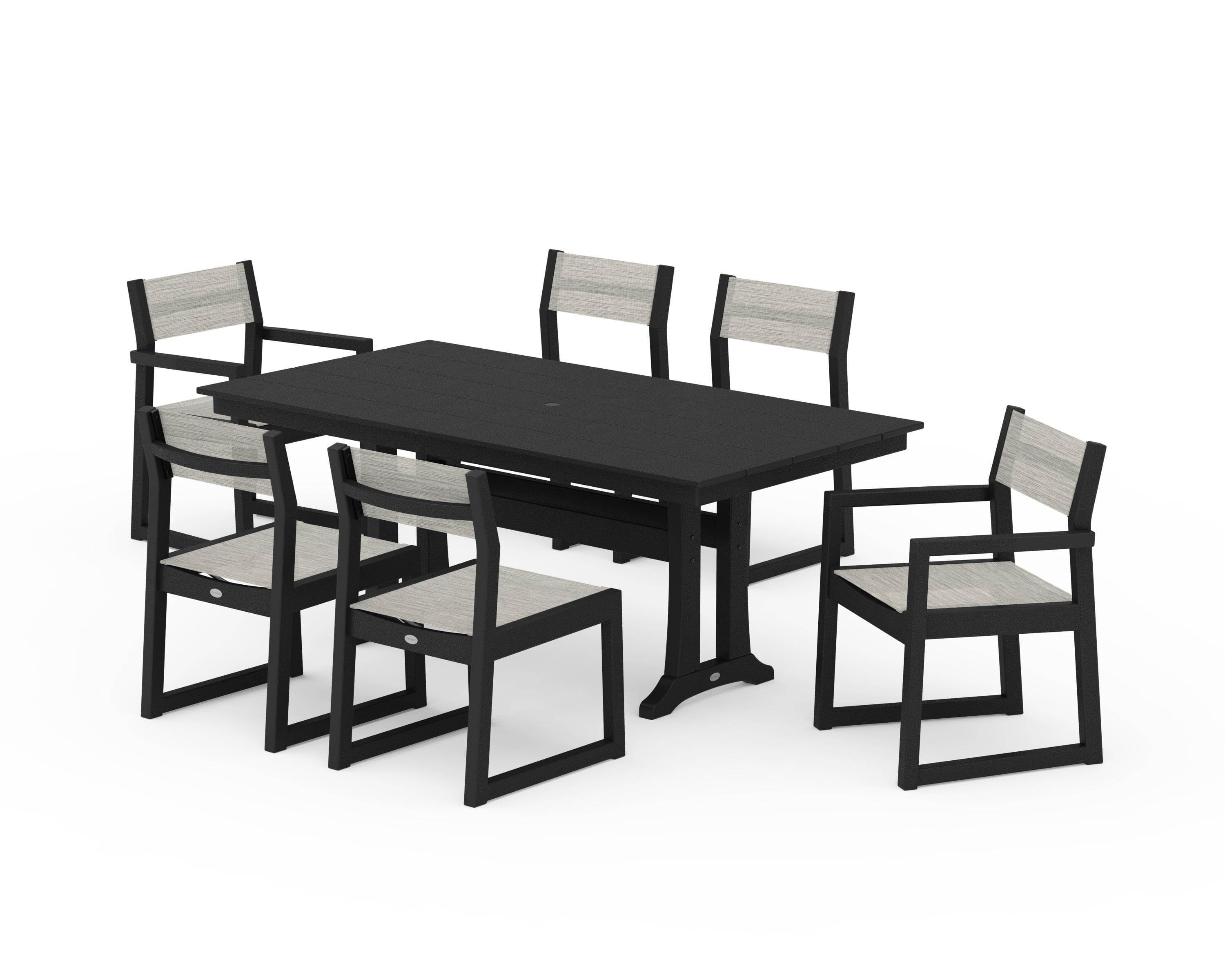 POLYWOOD EDGE Sling 7-Piece Farmhouse Trestle Dining Set in Black / Birch Sling