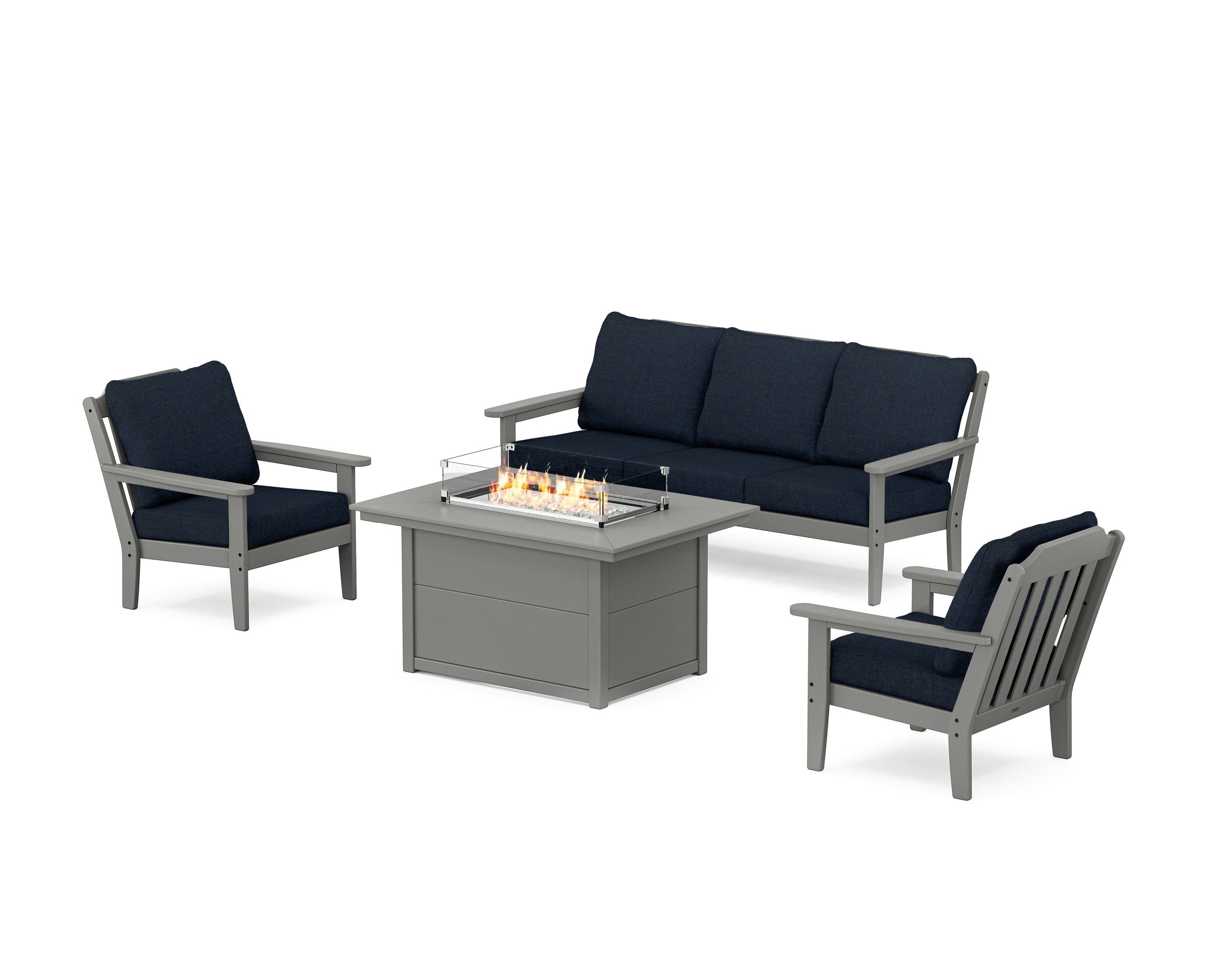 Country Living Cottage Deep Seating Fire Pit Table Set in Slate Grey / Marine Indigo