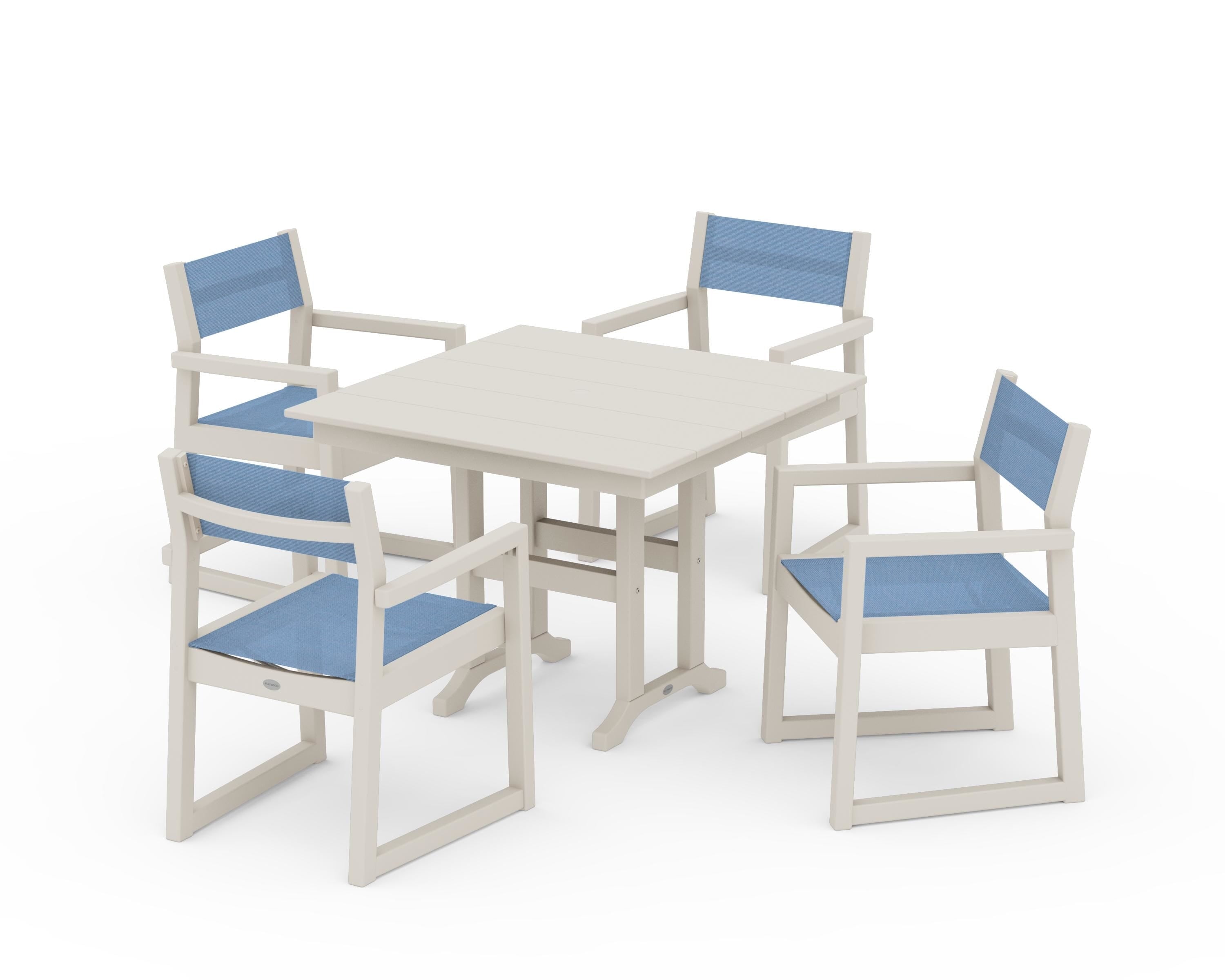 POLYWOOD EDGE Sling Arm Chair 5-Piece Farmhouse Dining Set in Sand / Poolside Sling