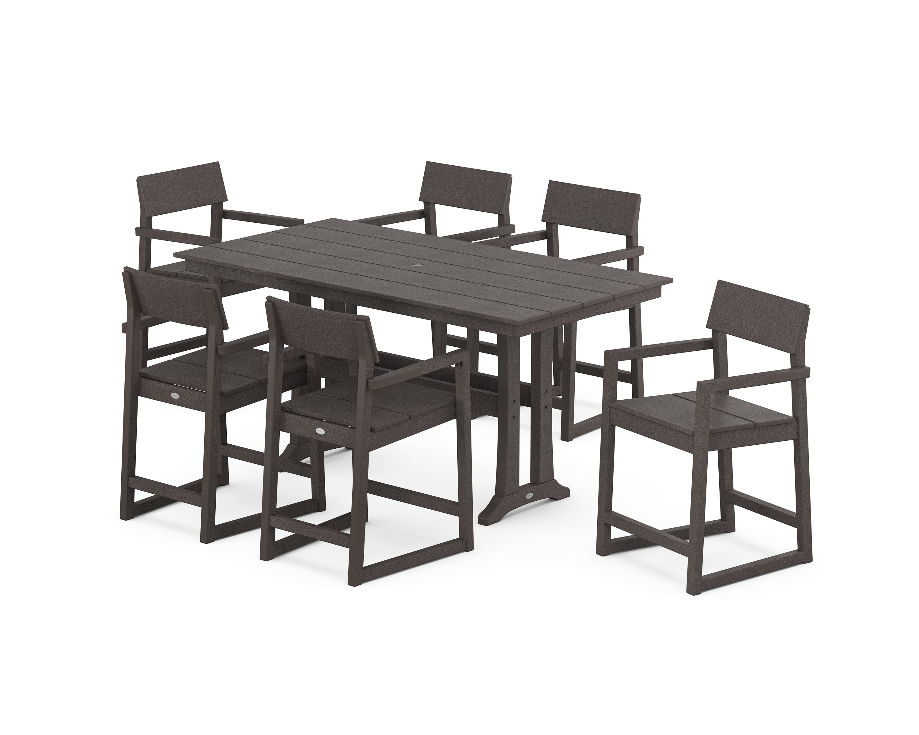 POLYWOOD EDGE Arm Chair 7-Piece Farmhouse Counter Set with Trestle Legs in Vintage Coffee
