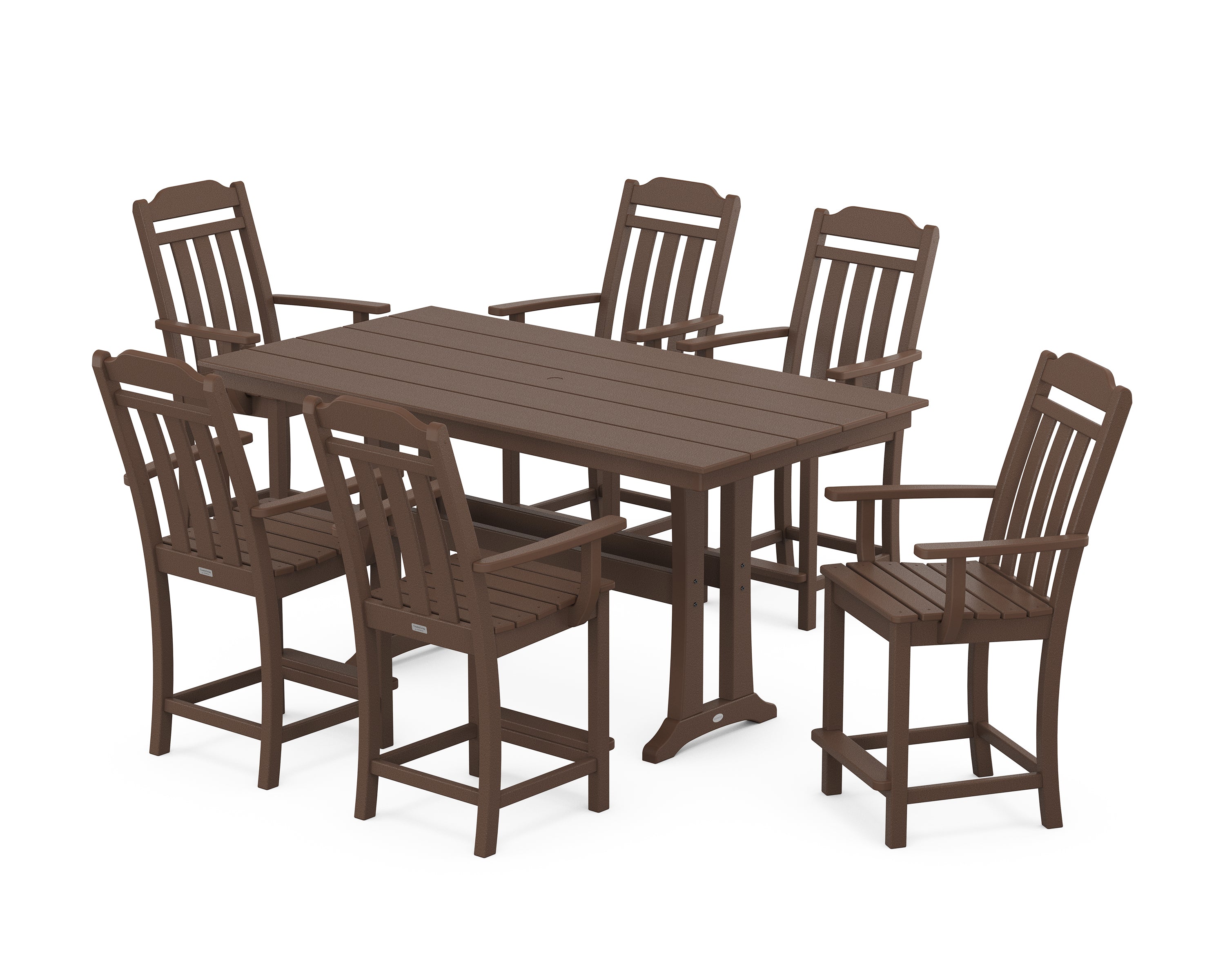 Country Living Cottage Arm Chair 7-Piece Farmhouse Counter Set with Trestle Legs in Mahogany