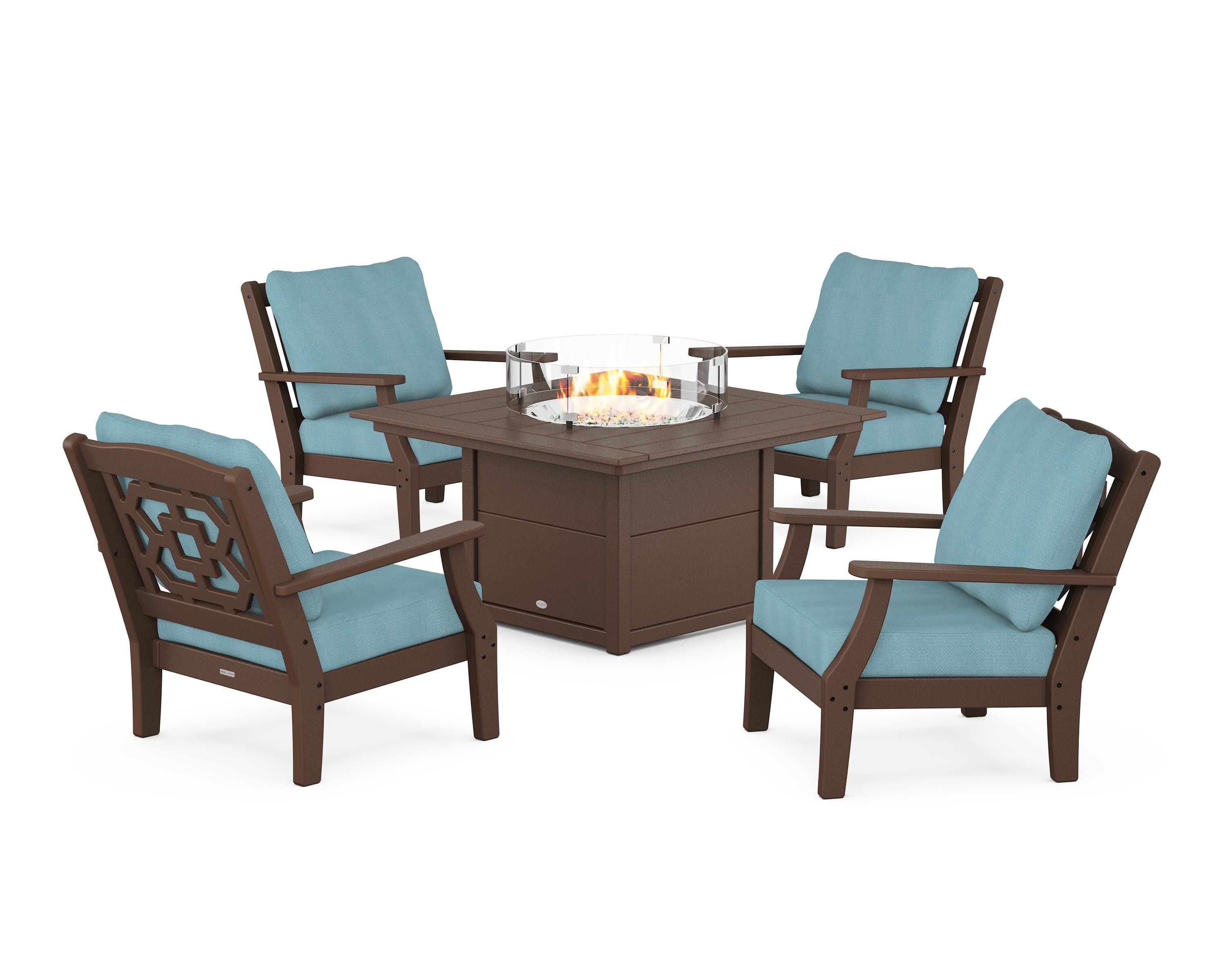 Martha Stewart by POLYWOOD Chinoiserie 5-Piece Deep Seating Set with Fire Pit Table in Mahogany / Lattice Sky Blue
