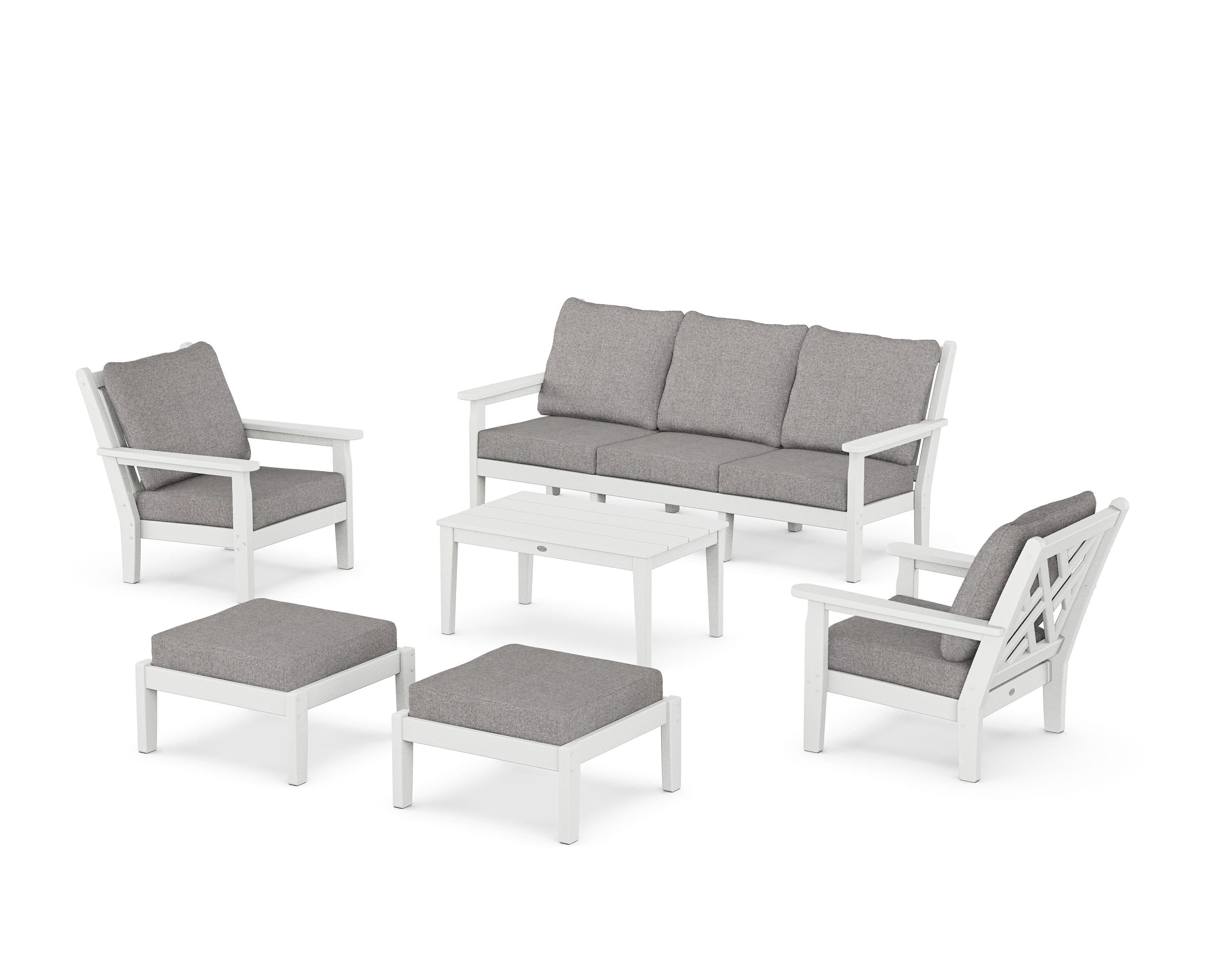 POLYWOOD Chippendale 6-Piece Lounge Sofa Set in White / Grey Mist
