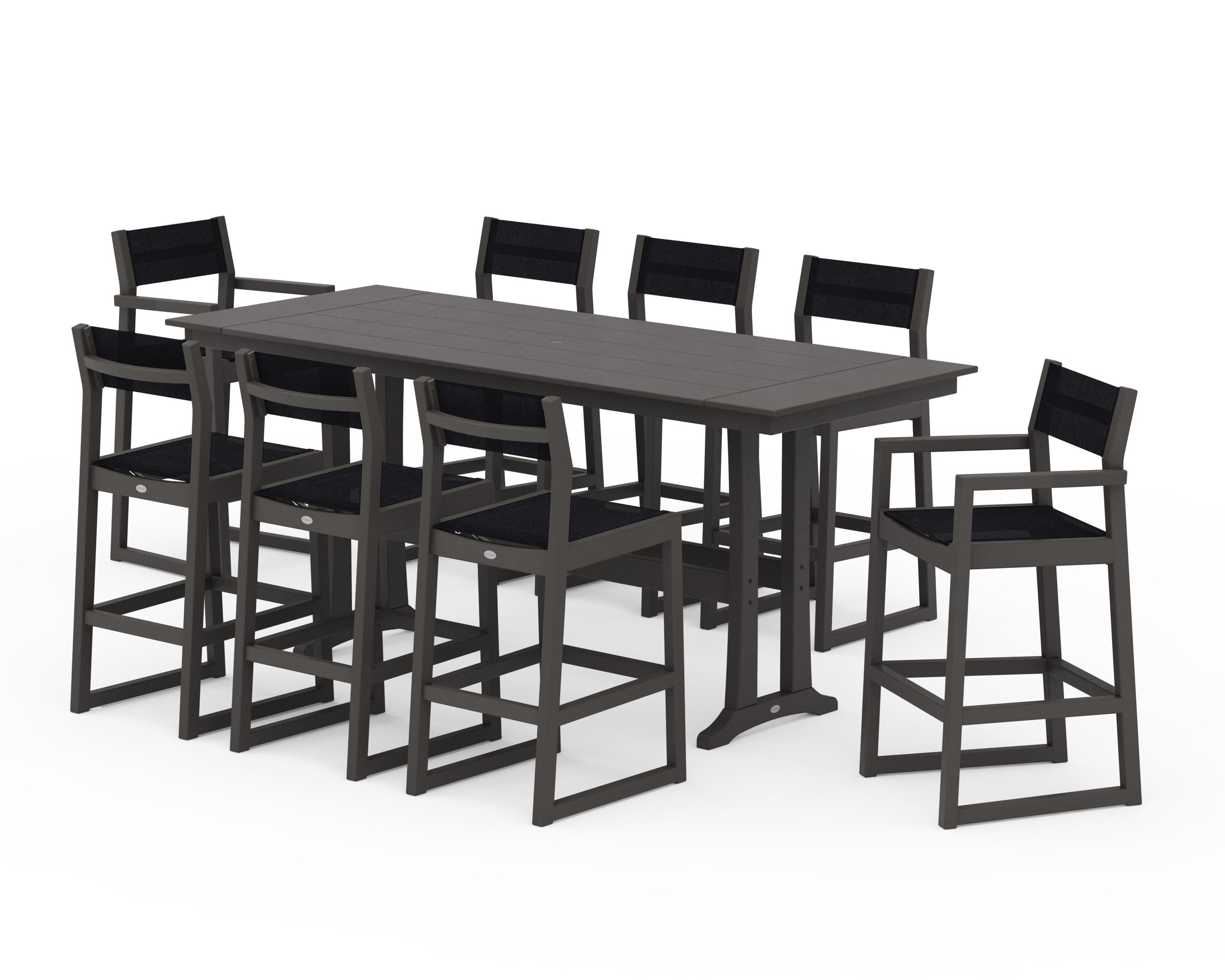 POLYWOOD EDGE Sling 9-Piece Farmhouse Bar Set with Trestle Legs in Vintage Coffee / Black Sling