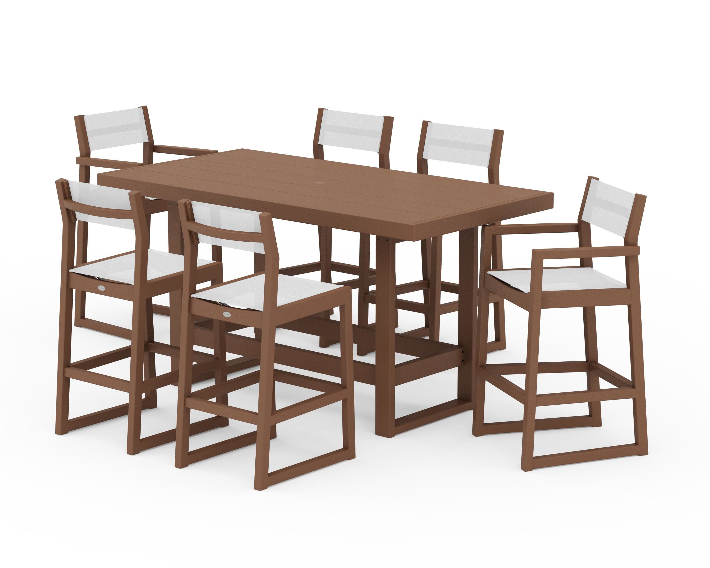 POLYWOOD EDGE Sling 7-Piece Bar Table Set in Teak / White Sling