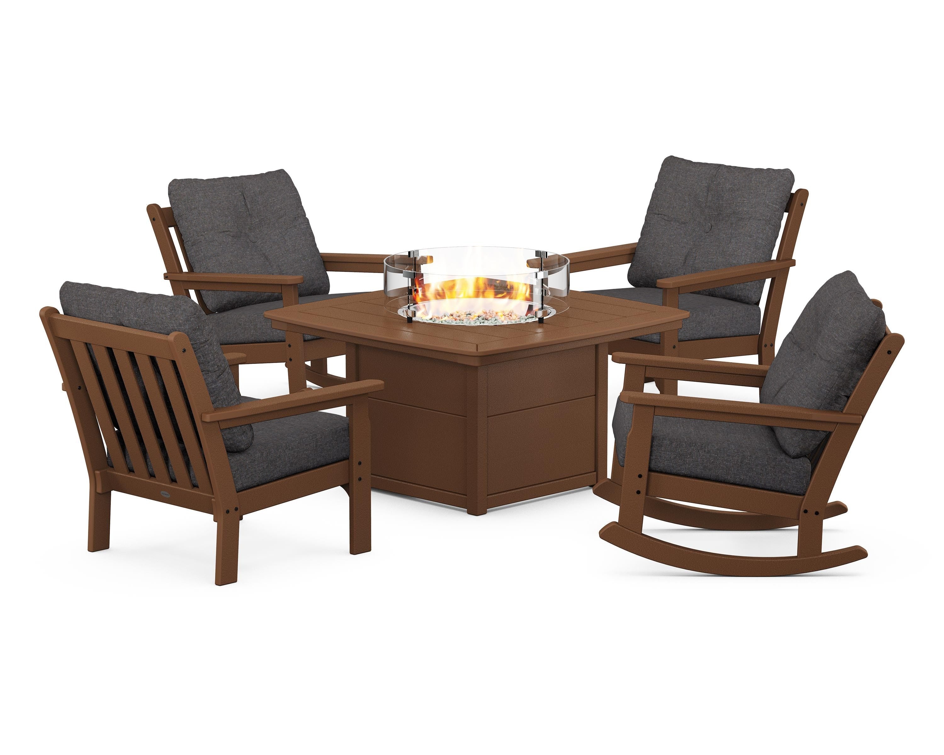 POLYWOOD Vineyard 5-Piece Deep Seating Rocking Chair Conversation Set with Fire Pit Table in Teak / Ash Charcoal