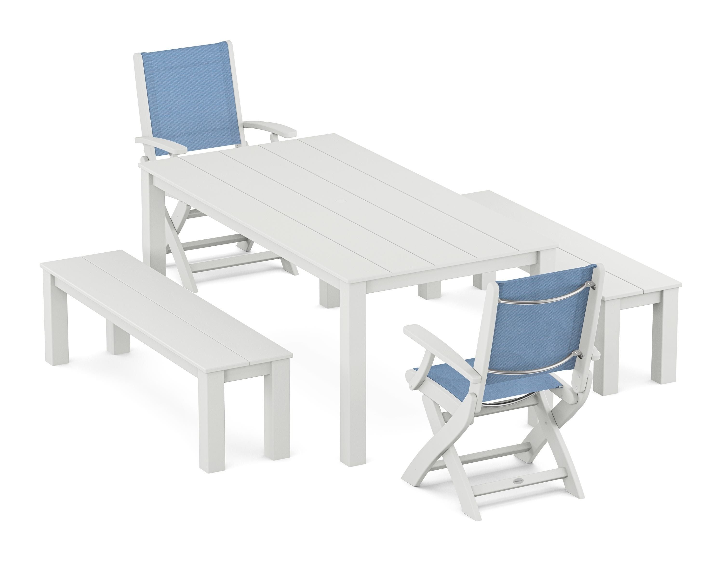 POLYWOOD Coastal Folding Chair 5-Piece Parsons Dining Set with Benches in White / Poolside Sling