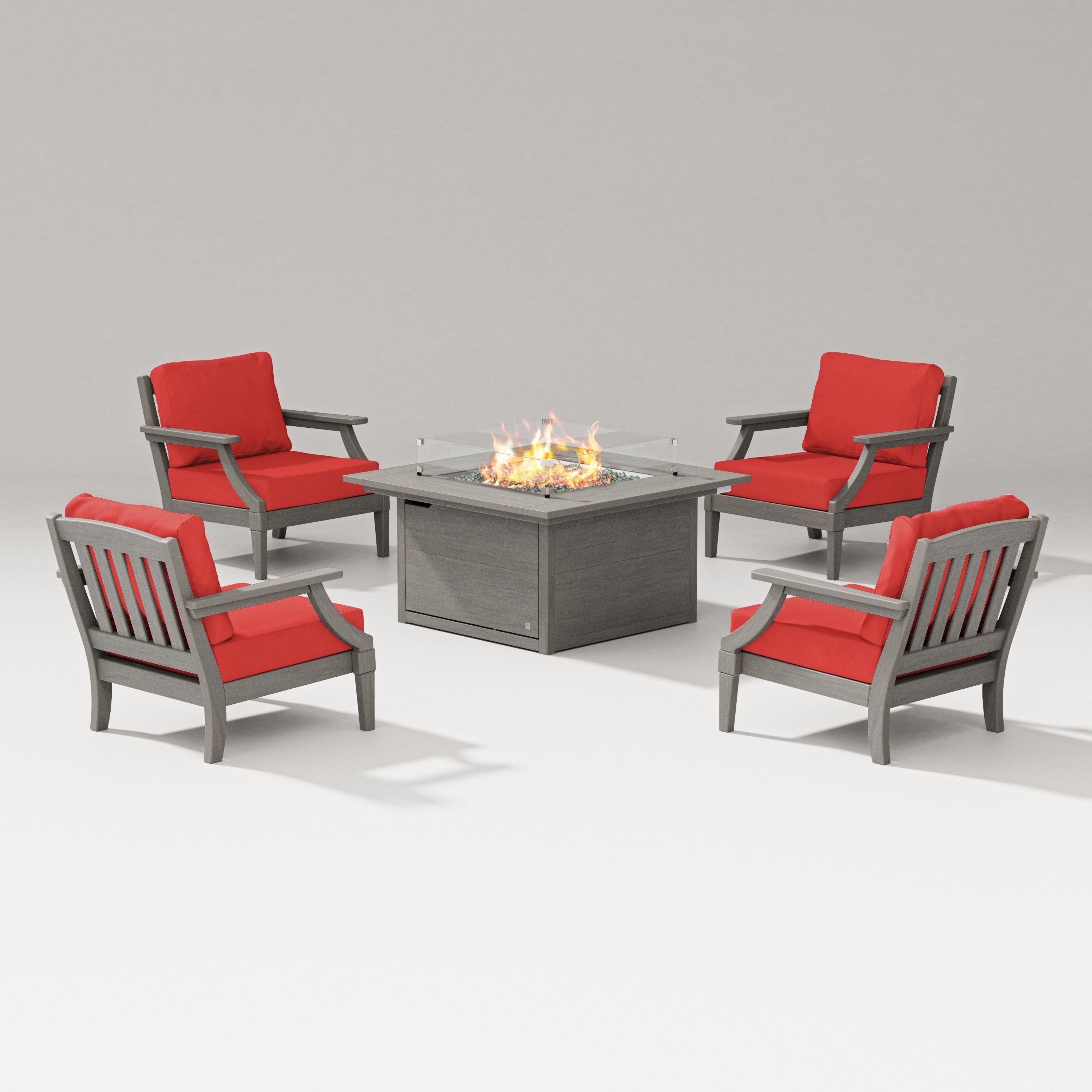 PW Designer Series Estate 5-Piece Lounge Fire Table Set in Driftwood / Crimson Linen
