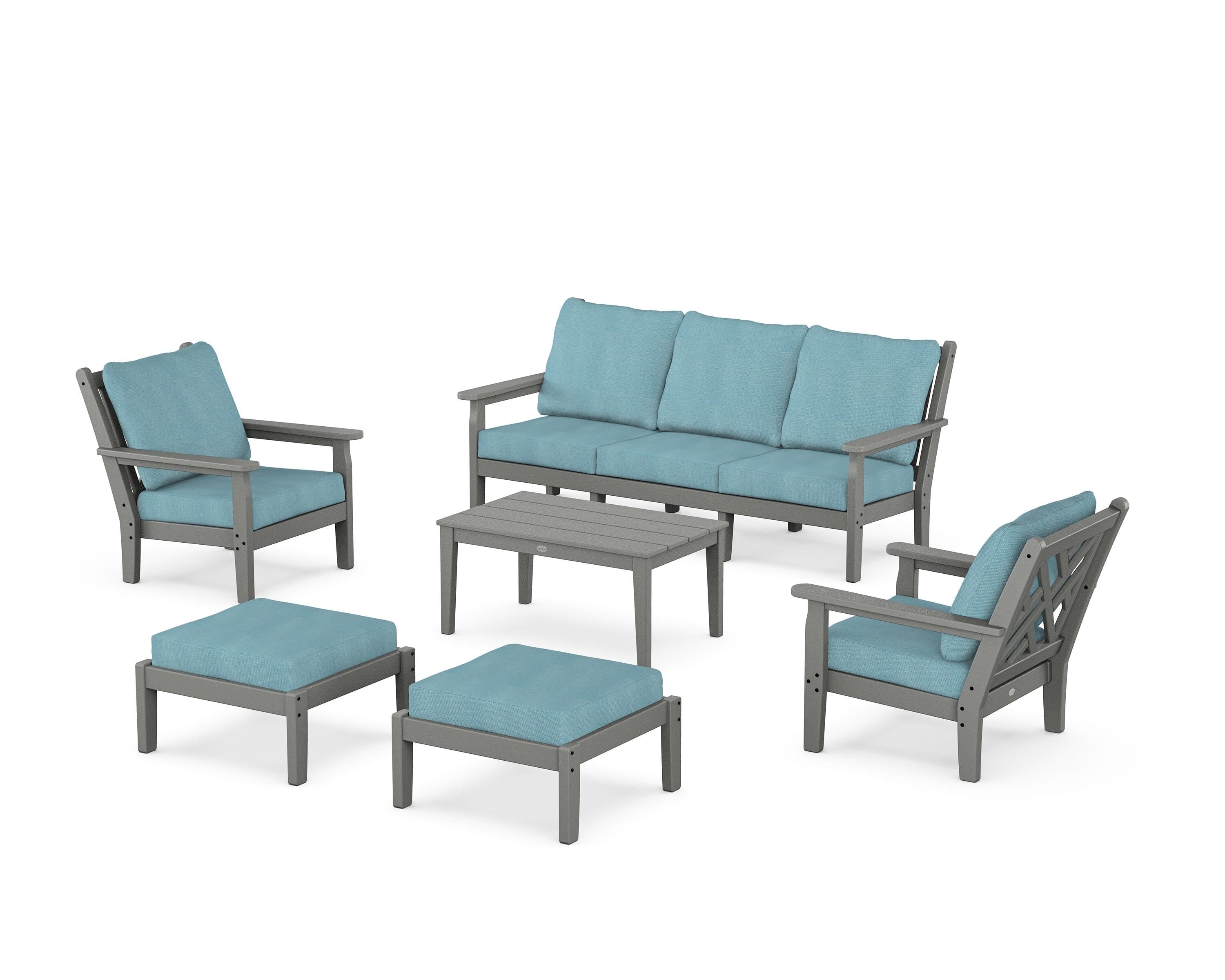 POLYWOOD Chippendale 6-Piece Lounge Sofa Set in Slate Grey / Lattice Sky Blue