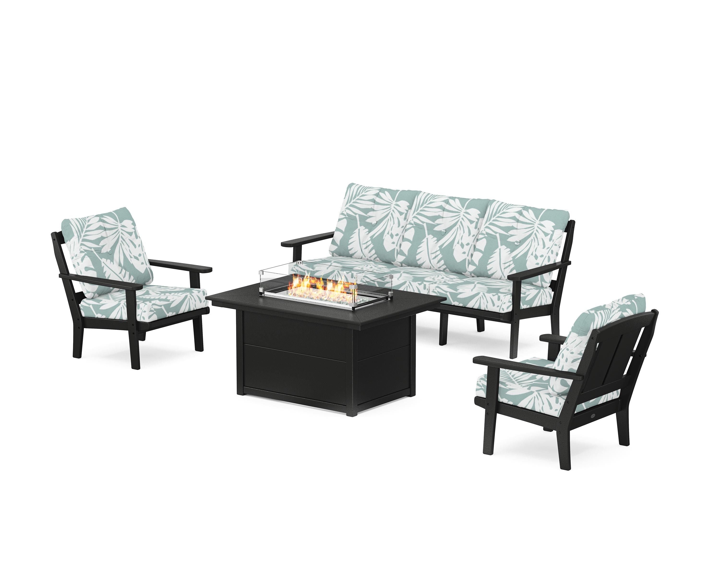 POLYWOOD Mission Deep Seating Fire Pit Table Set in Black / Leaf Glacier Spa