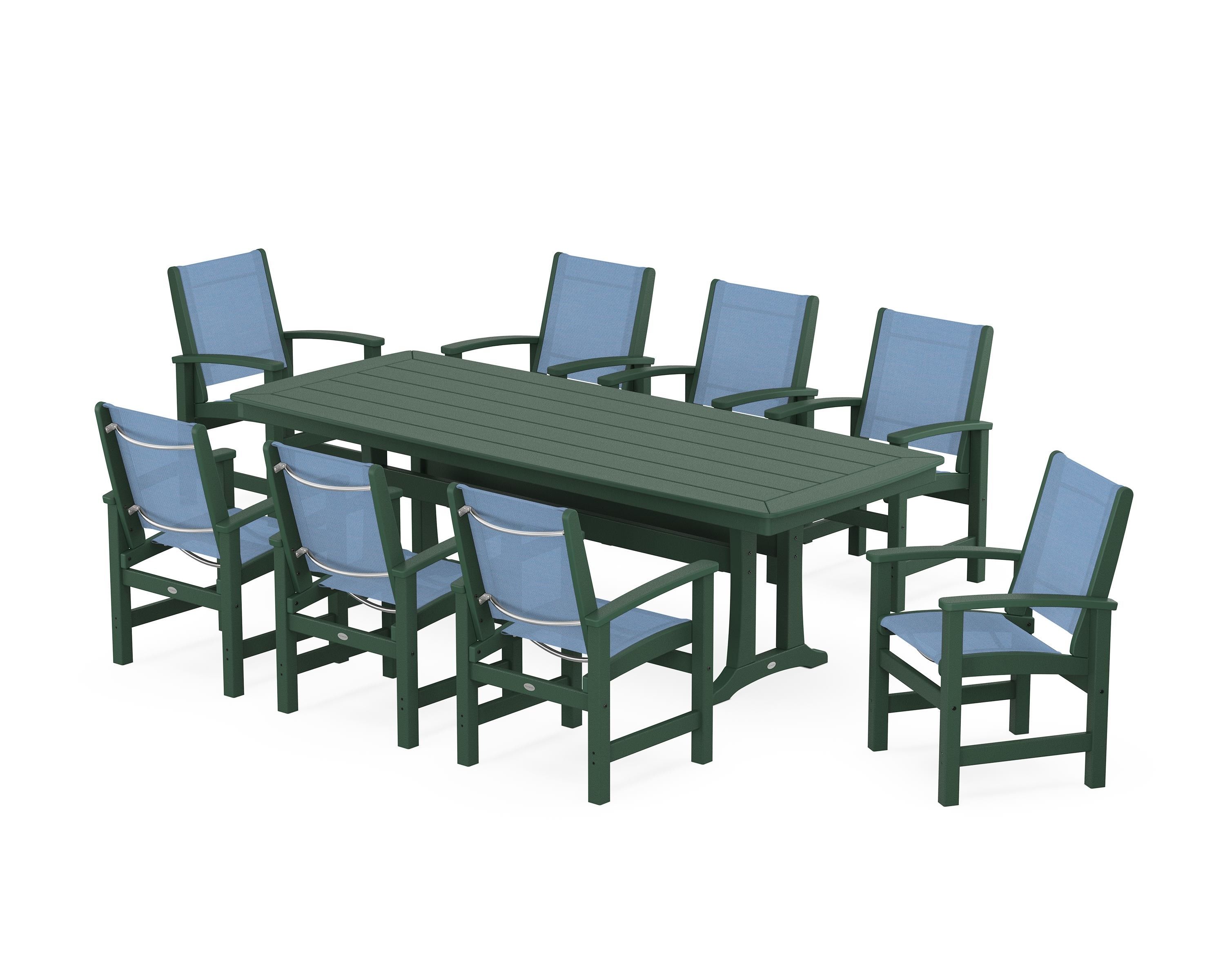 POLYWOOD Coastal 9-Piece Dining Set with Trestle Legs in Green / Poolside Sling