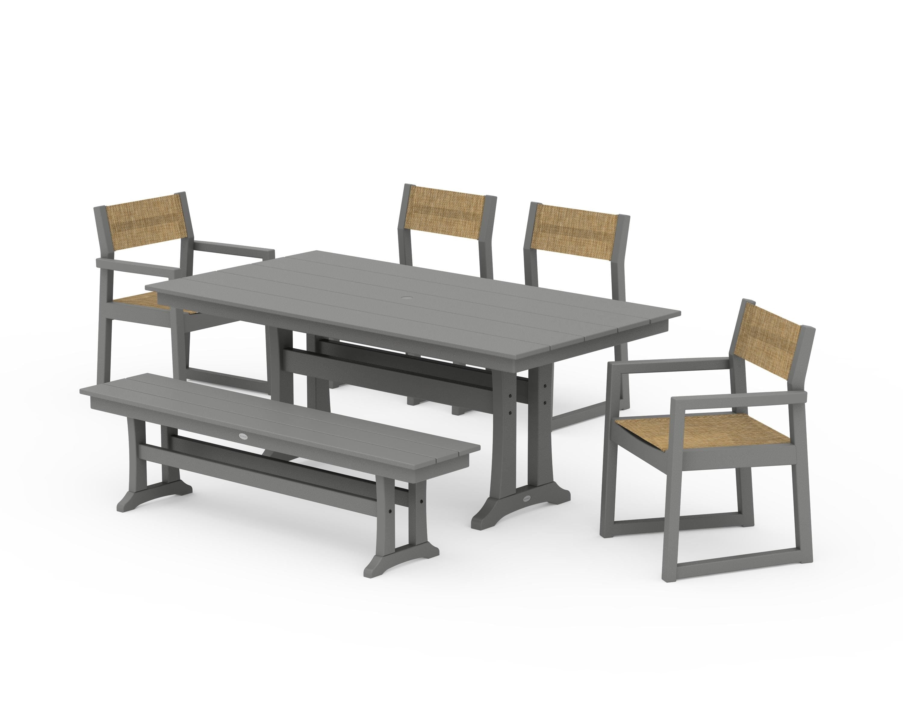 POLYWOOD EDGE Sling 6-Piece Farmhouse Dining Set With Trestle Legs in Slate Grey / Burlap Sling