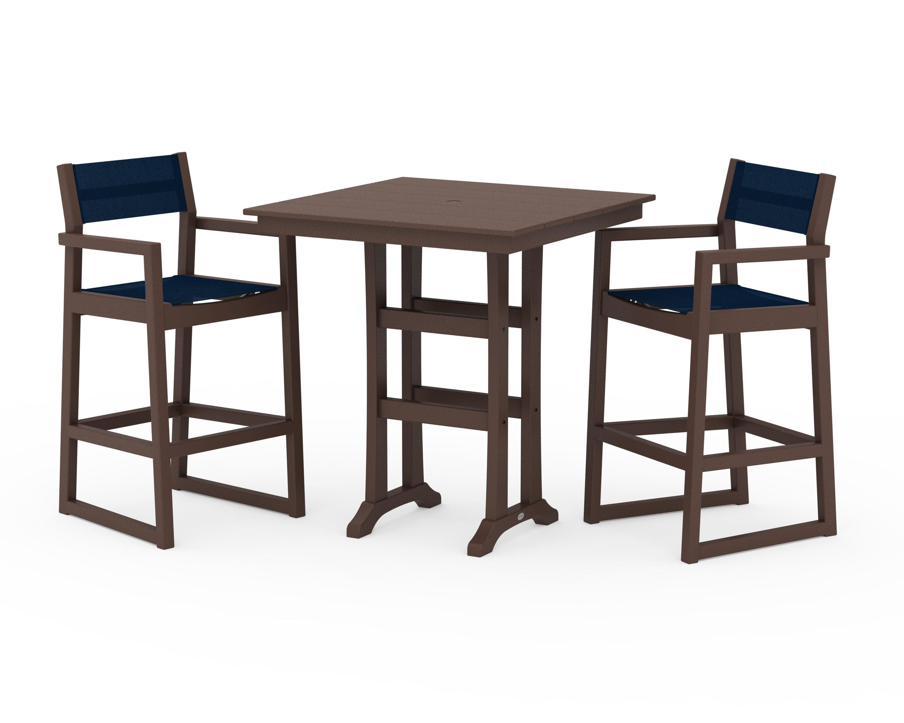 POLYWOOD EDGE Sling Arm Chair 3-Piece Farmhouse Bar Set with Trestle Legs in Mahogany / Navy Blue Sling